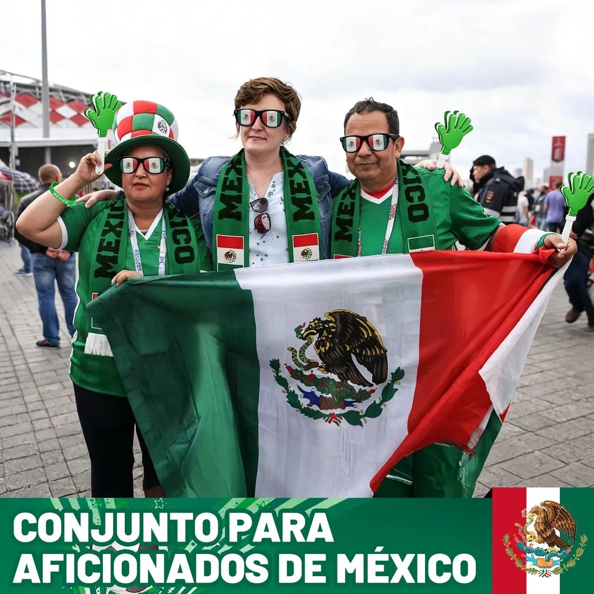 Cyxenova Kit de Animador México 6 en 1 - Incluye Bandera (95 * 64 cm), Bufanda, Matraca Ruidosa, Pintura Facial, Lentes y Pulsera - Accesorios de Fútbol para Celebración 2026 - Orgullo Mexicano