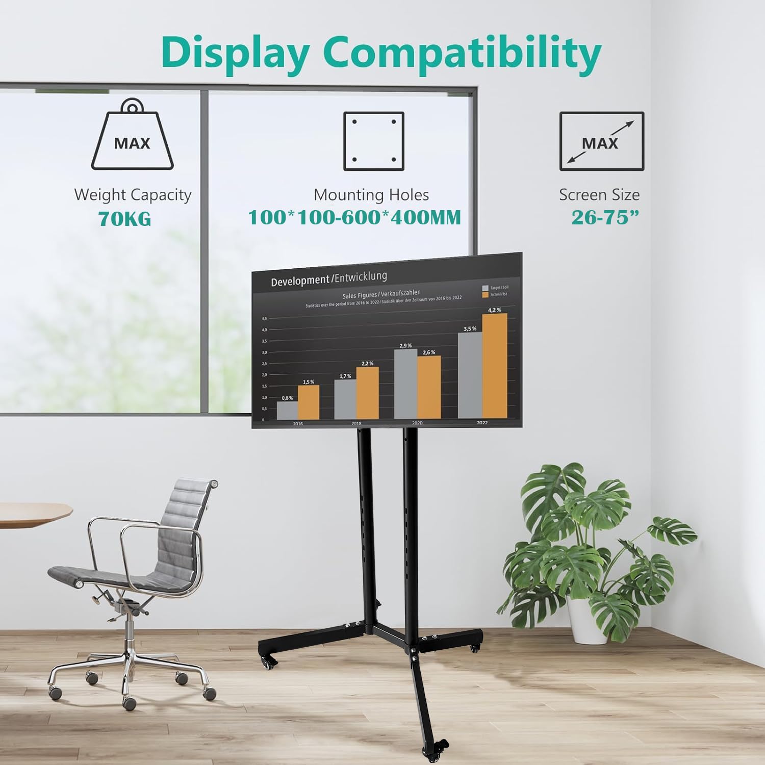 TBONEEY Soporte TV Ruedas para Television de 26 a 75 Pulgadas Ajustable en Altura, Soporte Móvil de Suelo Pie para Pantallas LCD LED, con VESA Máx. 600x400mm, hasta 70kg (Negro)