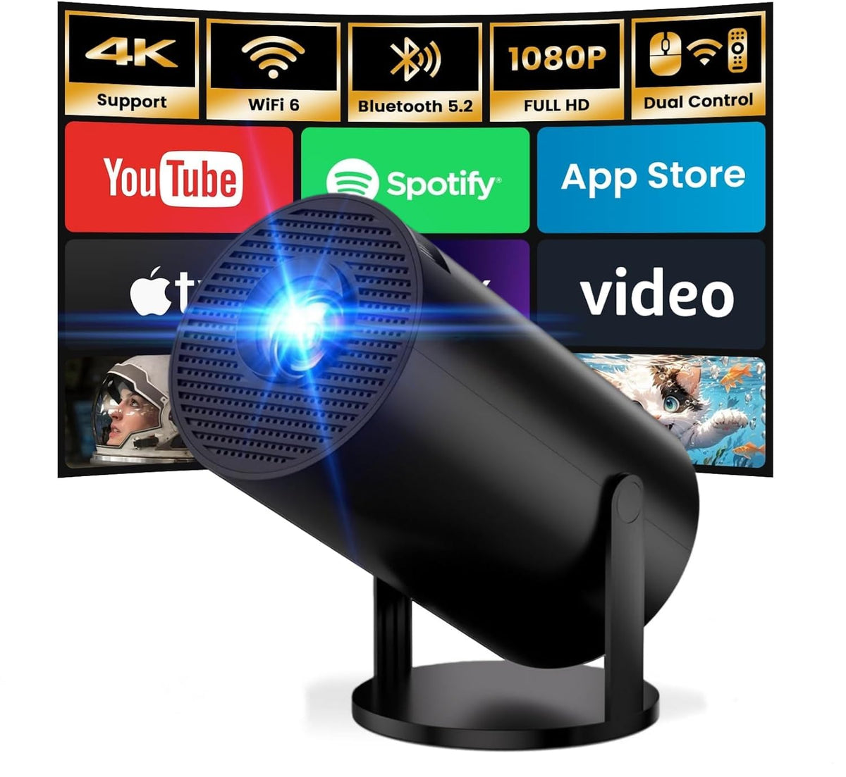KUNEM Mini Proyector Portátil 4K, 250 ANSI/10000 Lúmenes, WiFi 6 y BT 5.2, Sistema Android 13 Integrado Corrección Trapezoidal Automática Rotación de Imagen 270°, Compatible con HDMI/iOS/Phone/PC/PS.