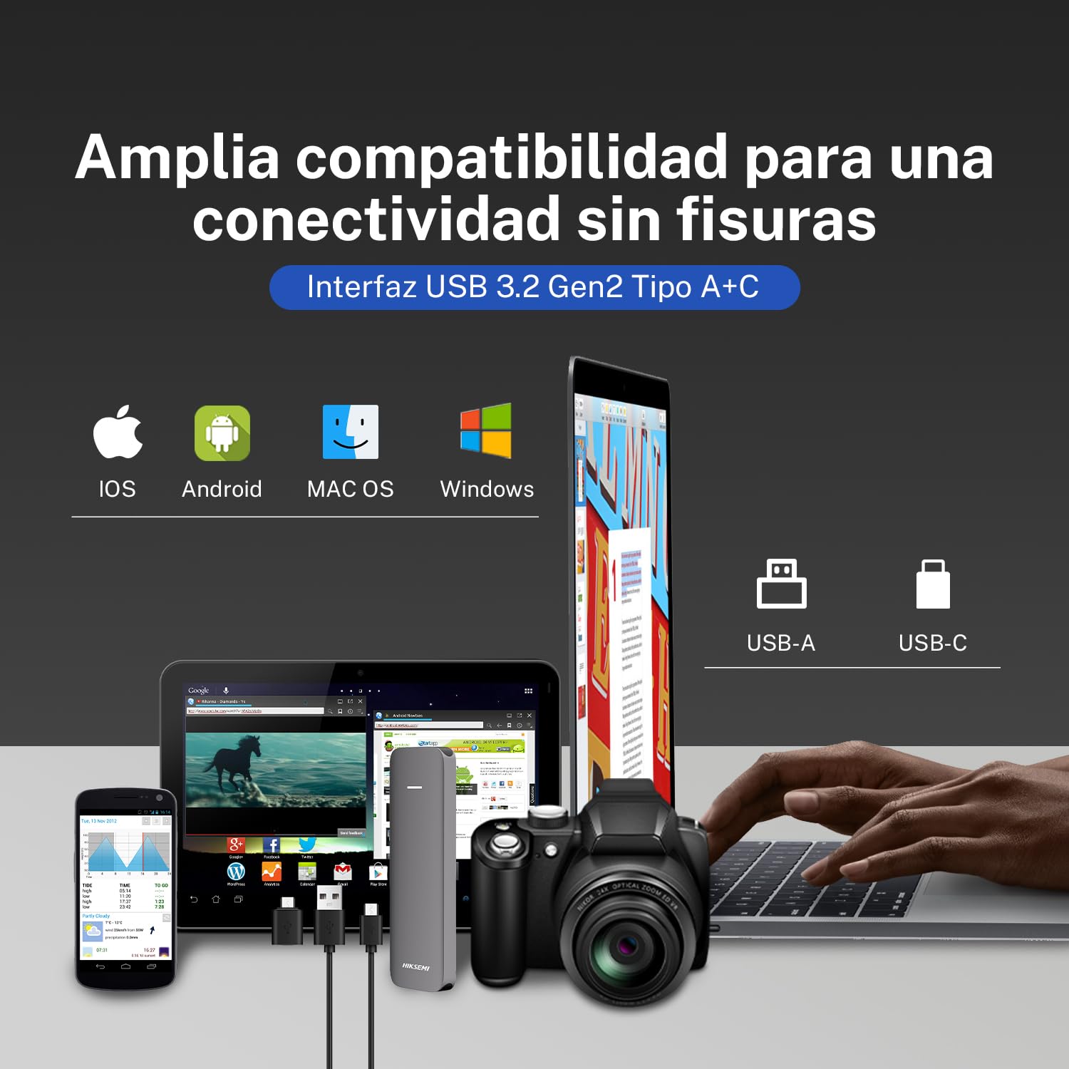 HIKSEMI SSD Externo Portable, Elite [Nueva Generación], 1T, 1024GB, Lectura: 1050MB/s y Escritura:1030 MB/s, Compatible con Windows/Mac/Android 4.4+, USB 3.2, Gen2 Type-C