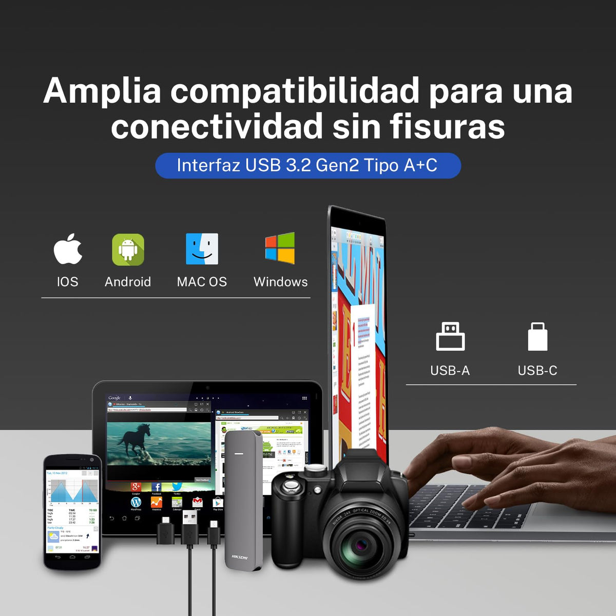 HIKSEMI SSD Externo Portable, Elite [Nueva Generación], 1T, 1024GB, Lectura: 1050MB/s y Escritura:1030 MB/s, Compatible con Windows/Mac/Android 4.4+, USB 3.2, Gen2 Type-C