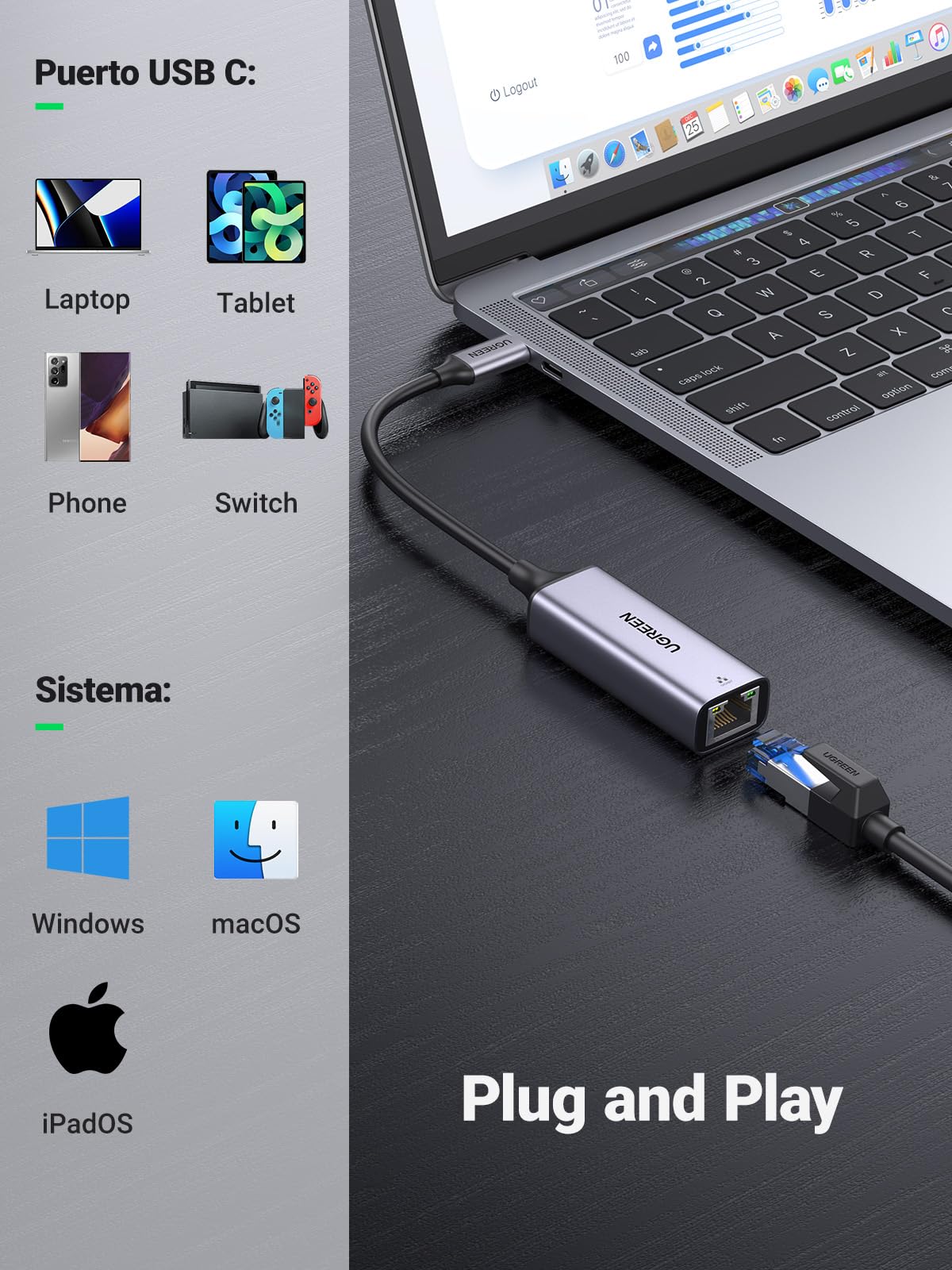UGREEN Adaptador USB C a Ethernet, Gigabit USB C a RJ45 Thunderbolt 3 Adaptador, LAN de Red 1000Mbps, Compatible con Macbook Pro Air 2021 2020 2019, iPad Pro 2020, Huawei Matebook, Galaxy S23 S21 S20