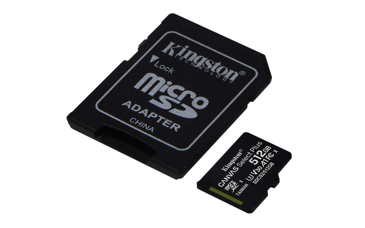 Kingston MicroSDXC Select Plus 512GB (Con Adaptador a SD) Clase 10, UHS-I, U3, V30 Lectura: 100MB/s y Escritura: 85MB/s (SDCS2/512GB)