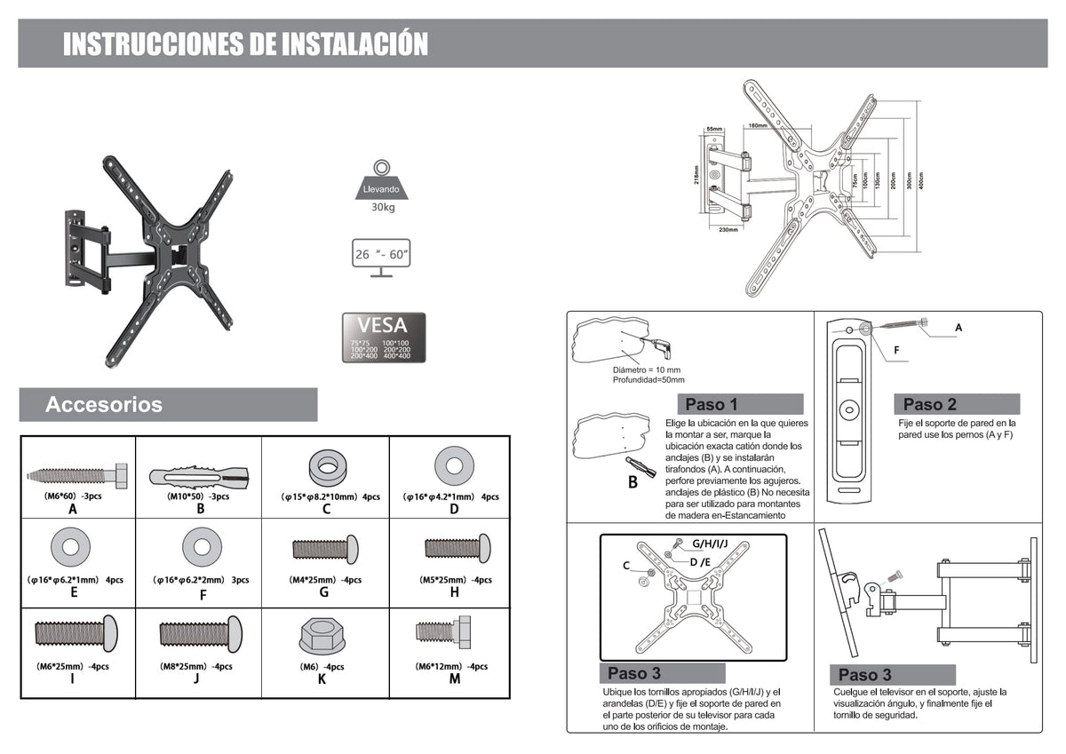 BuFan Soporte de TV Movible para Pantallas de 14″ a 60″ Articulado Anti-Reflejos con 3 Brazos, Soporta hasta 30 kg, MAX VESA 400x400mm