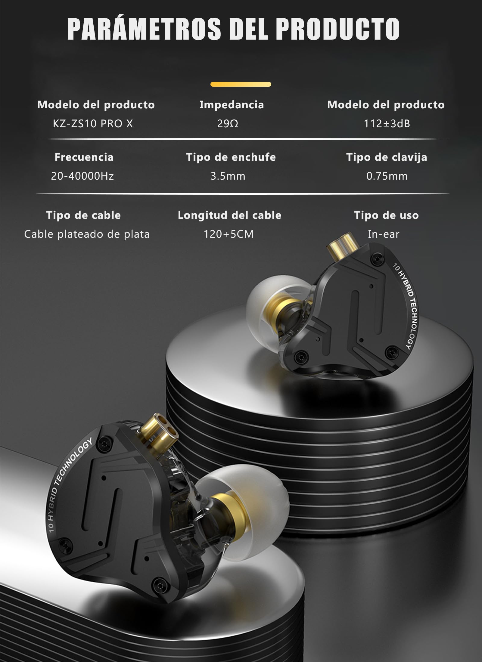 ZS10 Pro X Auriculares de Metal HiFi, Monitor Con Cable Con Controlador Híbrido 1DD 4BA, Desmontables Con Conector de 0,75 Mm y 2 Pines