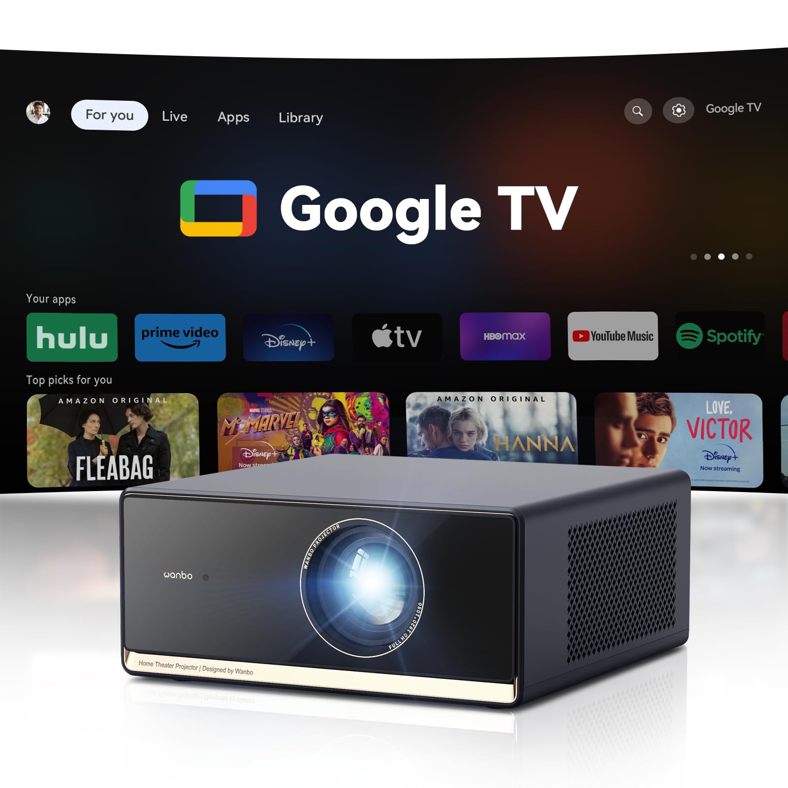 Wanbo X5 Pro 【Google TV / 1100 ANSI】 Proyector 4K con Bluetooth WiFi, Enfoque Automático, Silencioso 26 dB, 1080P Nativo, Proyector Inteligente con Netflix y 10,000+ Apps, HDR10 (2025)