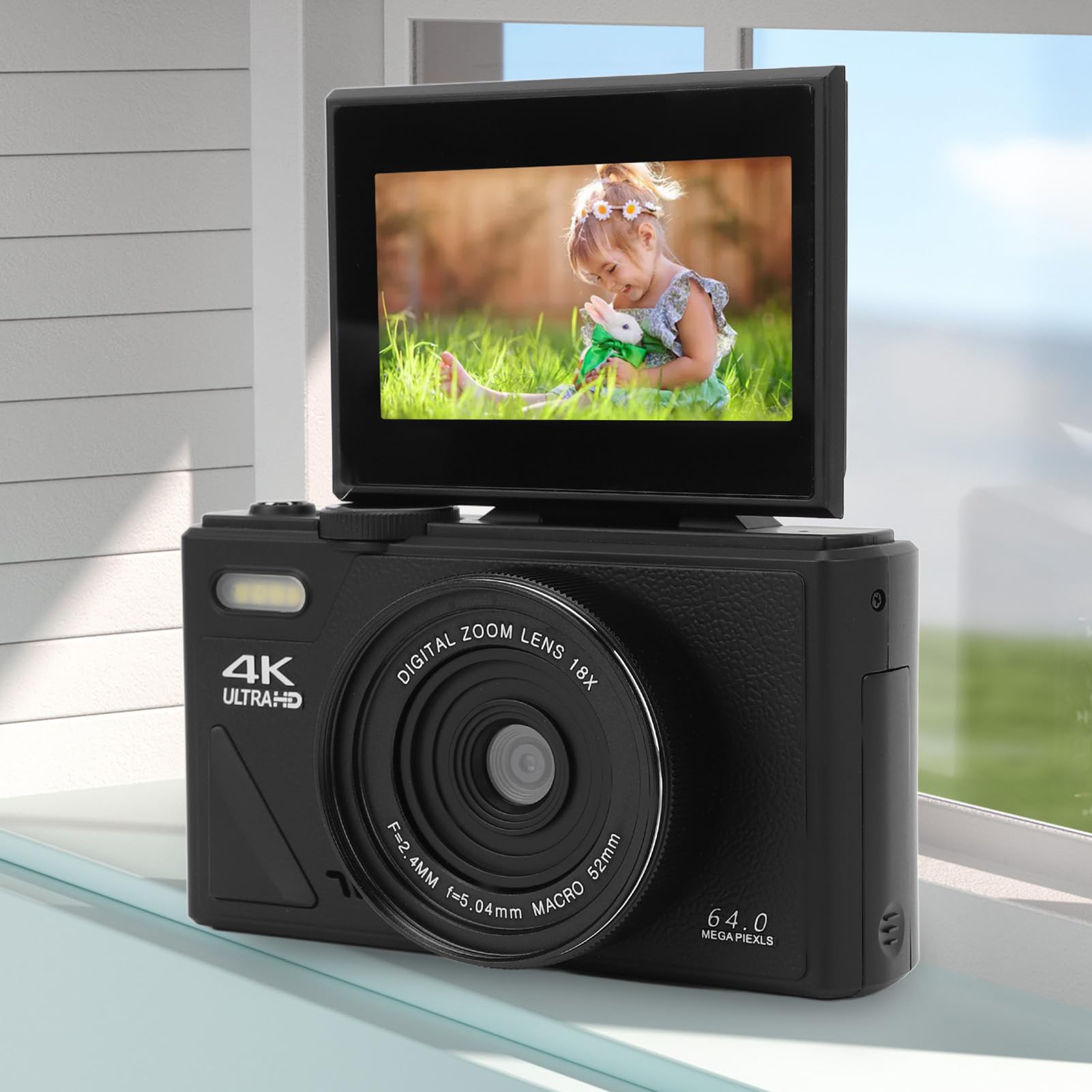 Cámara Digital 4K, Cámara de Vlogging 4K UHD de 64MP con Zoom de 18X, Cámara Digital Retro con Enfoque Automático y Pantalla Abatible de 3 Pulgadas para Principiantes, (Black)