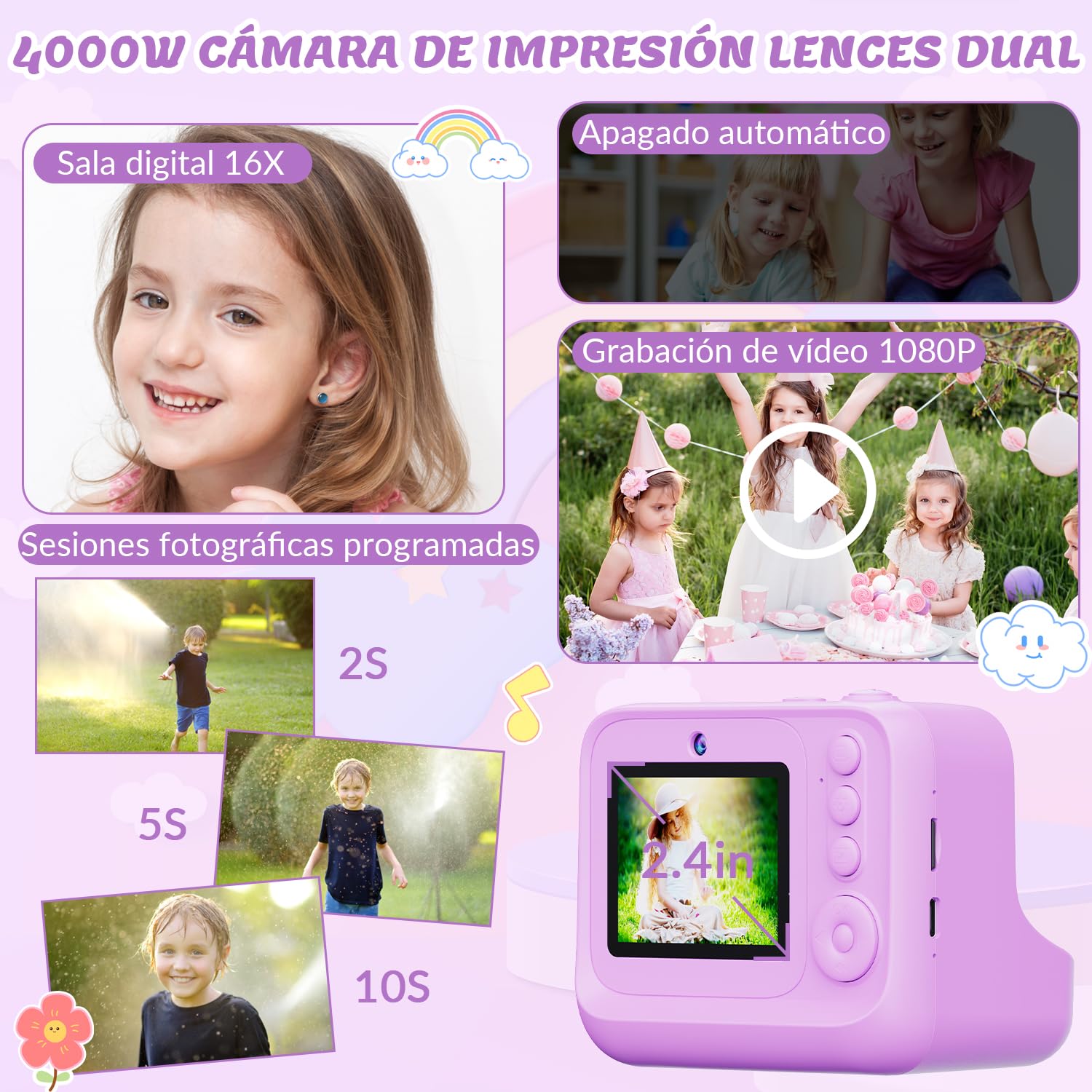 SlowTon Cámara Instantánea para Niños de Impresión, Cámara Digital Infantil Instanea Sopotar Selfie Vídeo, 2.4'' 1080P HD Cámara Infantil con Tarjeta de 32GB y Flash, Regalo para Niños de 3 a 12 Años