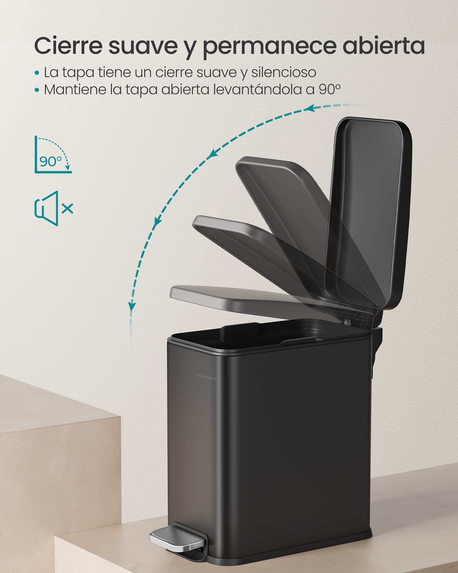 SONGMICS Bote de basura con Pedal 5L, Acero Inoxidable con Tapa de Cierre Suave, Cubo Interior Removible, Ideal para Baño y Oficina, Negro MLTB560B05
