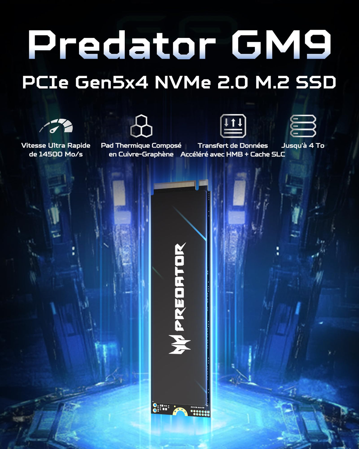 Unidad DE Estado Solido SSD Interno Predator GM9 1TB M.2 2280 NVME PCIE Gen 5X4 LECT.14,000 ESCRIT.7,300 MBS TLC NAND PC Laptop MINIPC BL.9BWWR.136