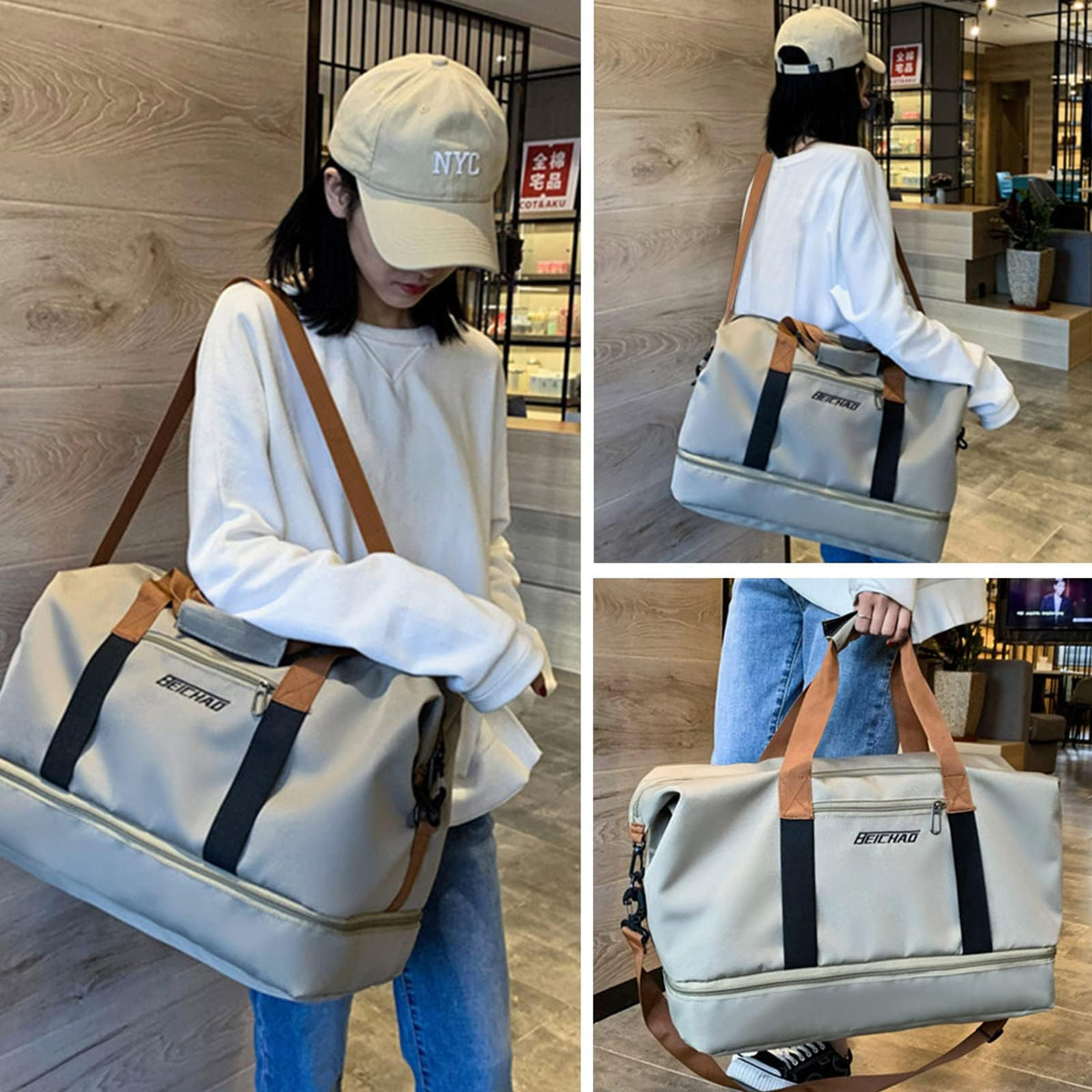 JeeLeeko Maleta Deportiva Bolsa para gym Diseño de Separación Húmedo y Seco Bolsa de viaje con ompartimento para Zapatos, para Hombres y Mujeres moda impermeable(Caqui)