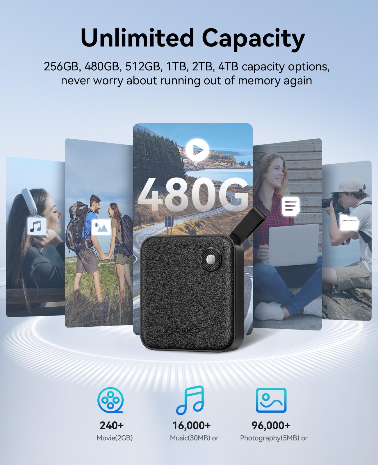 ORICO SSD portátil de con Cable USB C 2 en 1, Unidades de Estado sólido externas, hasta 460 MB/s, indicador de Estado, Almacenamiento fiable para Smartphone, Tablet y PC con USB-C - B5PLUS (480, GB)