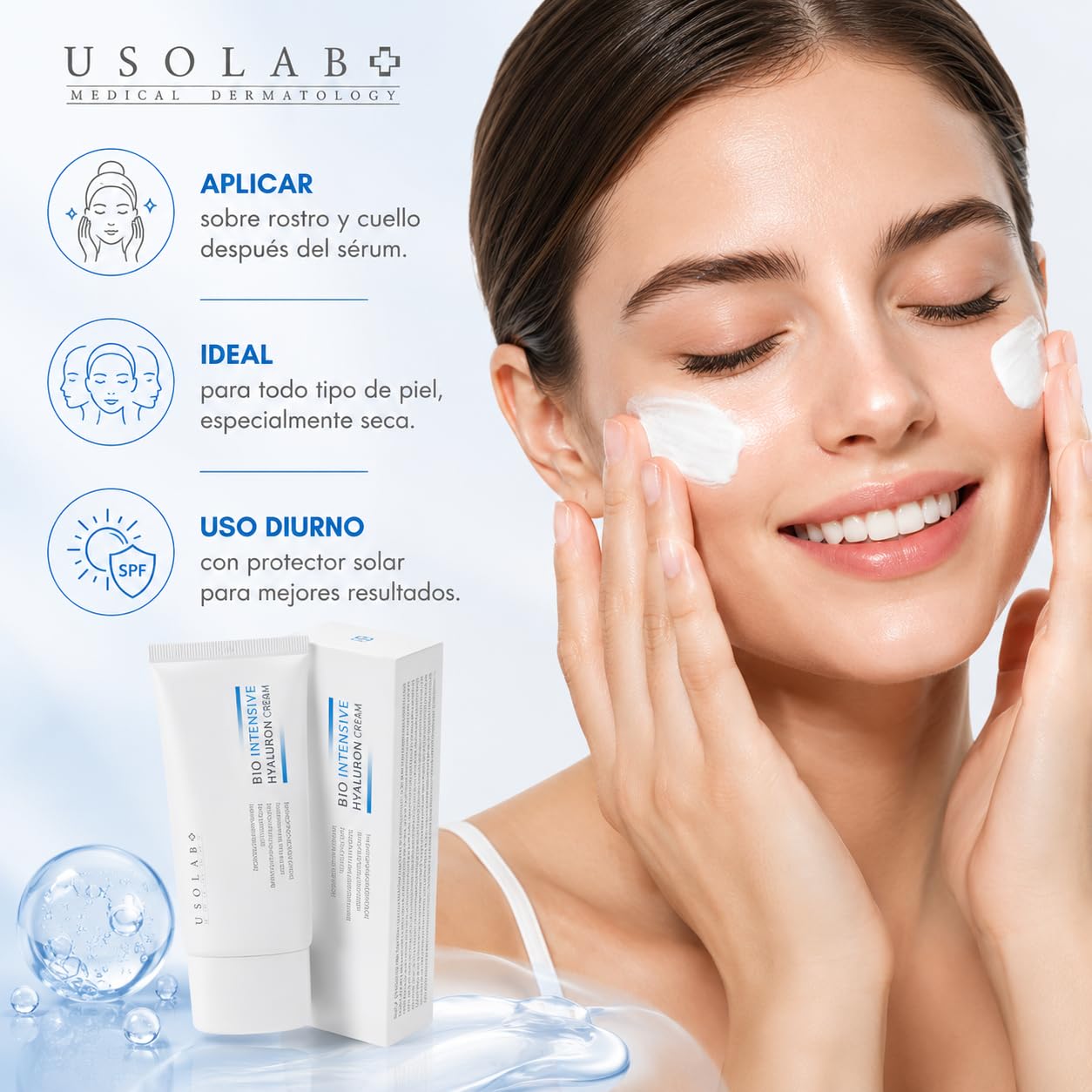 USOLAB Crema Hidratante Coreana Bio Intensive Hyaluron con Ácido Hialurónico y Péptidos para Mejorar Elasticidad, Reducir Líneas de Expresión y Iluminar la Piel 50ml