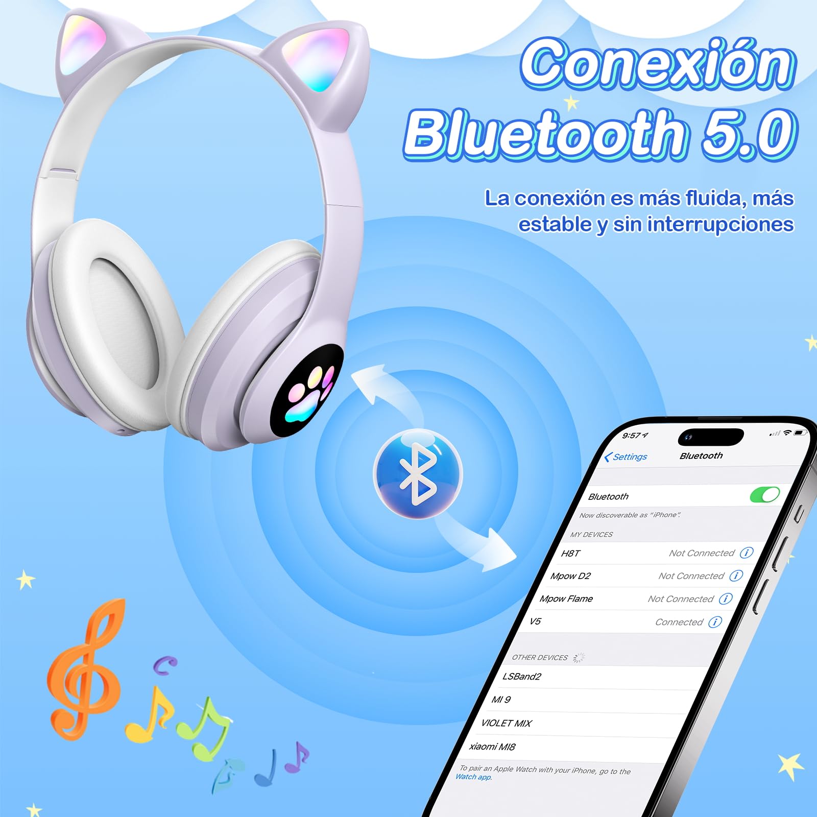 ZQSQD Audifonos Inalambricos para Niños, Auriculares Bluetooth con Luz LED y Micrófono, Auriculares Plegables con Forma de Garra de Gato, Audífonos para Niña, Apto para Tablets, Móviles, Etc (Púrpura)