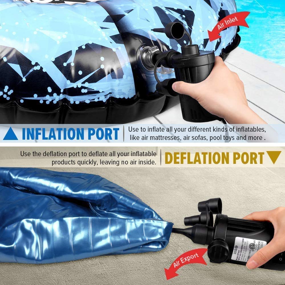 TBONEEY Bomba de Aire Eléctrico, Inflador Eléctrica Incluyendo 3 en 1 Deflación Automática y Bombeo Rápido adaptadores de Boquilla para Bolsas al Vacío, Colchón Hinchable, Juguetes Hinchable