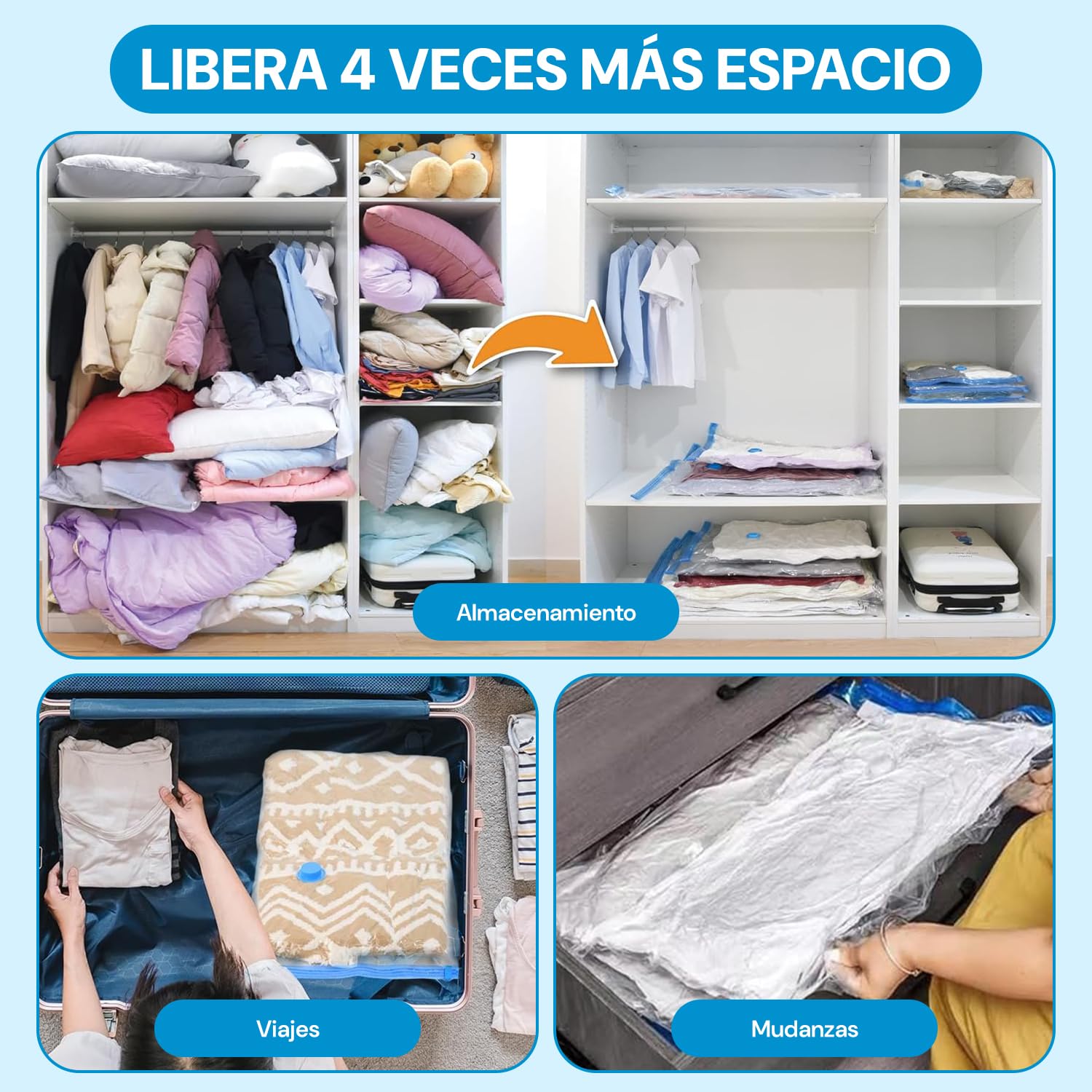 6 Piezas Bolsas de Almacenamiento al Vacío con Bomba Eléctrica, Almacenamiento Reutilizable, Bolsas de Compresión para Ahorrar Espacio 80%, Almacenar Edredones ropa Almohadas Mantas (80 * 120 6 pcs)