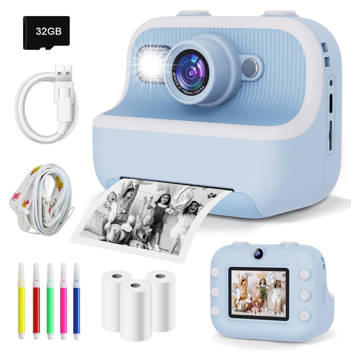PTHTECHUS®Cámara Infantil, Cámara Instantánea Niños,cámara Digital Selfie y Video,Papel de impresión,Tarjeta SD 32 GB y 1080P impresión instantánea Regalos para niños de 3 a 12 años (Azul)