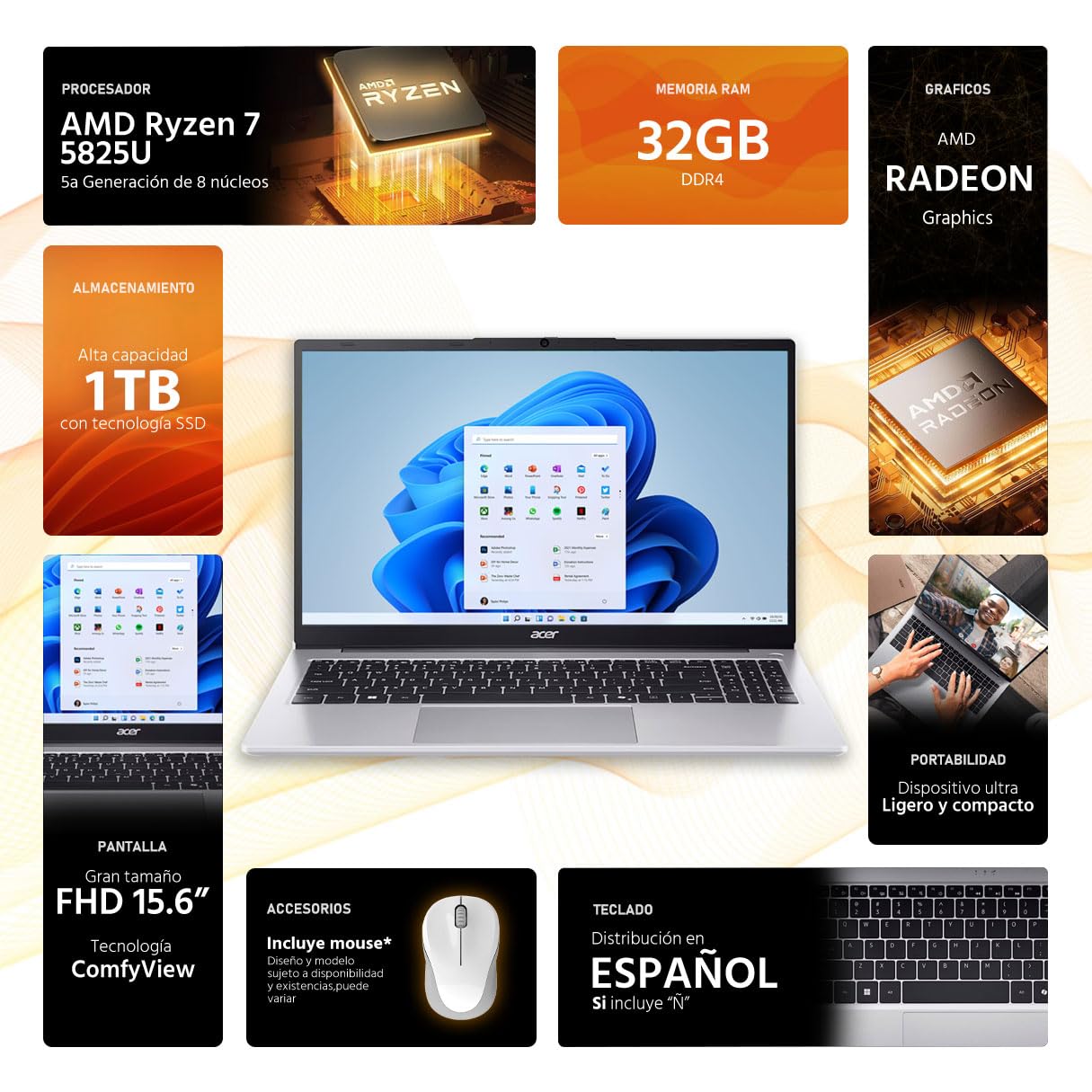 acer Laptop Aspire Lite 15 AMD Ryzen 7 5825U 32GB 1TB SSD 15.6” Full HD W11 Plata Teclado Español Mouse DXT Ideal para Trabajo y Multitarea