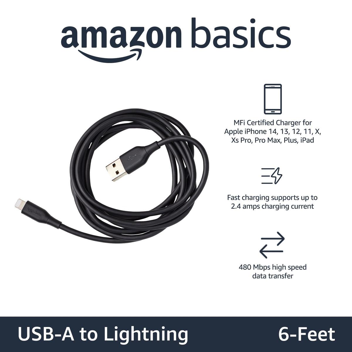 Amazon Basics Paquete de 2 cables de carga Lightning con certificación MFi para iPhone, USB-A a Lightning ABS para Apple iPhone 14 13 12 11 X Xs Pro, Pro Max, Plus, iPad, 1.8 m, negro