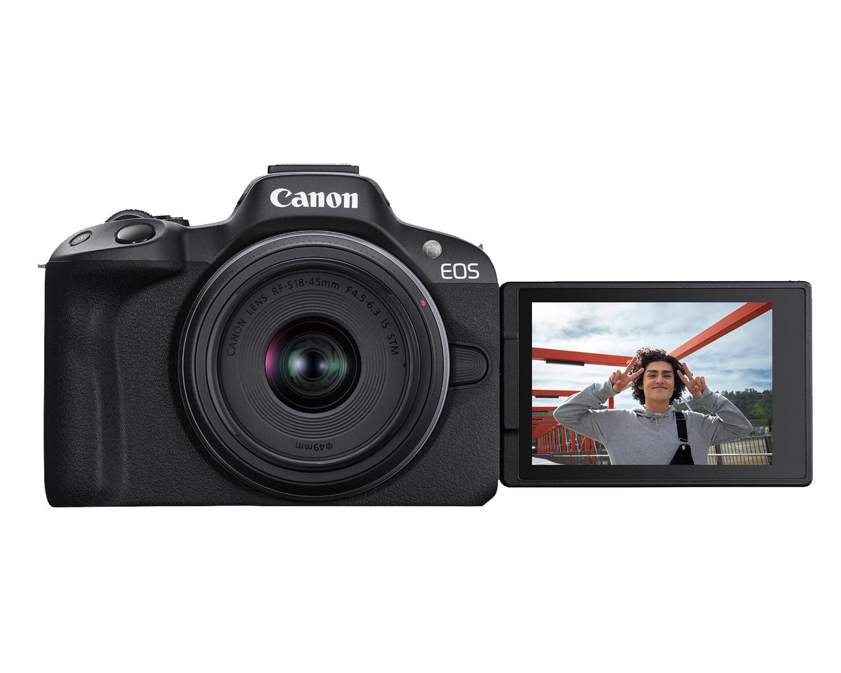Canon EOS R50 Cámara de vlogging sin Espejo (Negro) con RF-S18-45mm F4.5-6.3 es Lente STM, 24.2 MP, Video 4K, detección y Seguimiento de Temas, Compacto, conexión de Smartphone, creador de Contenido