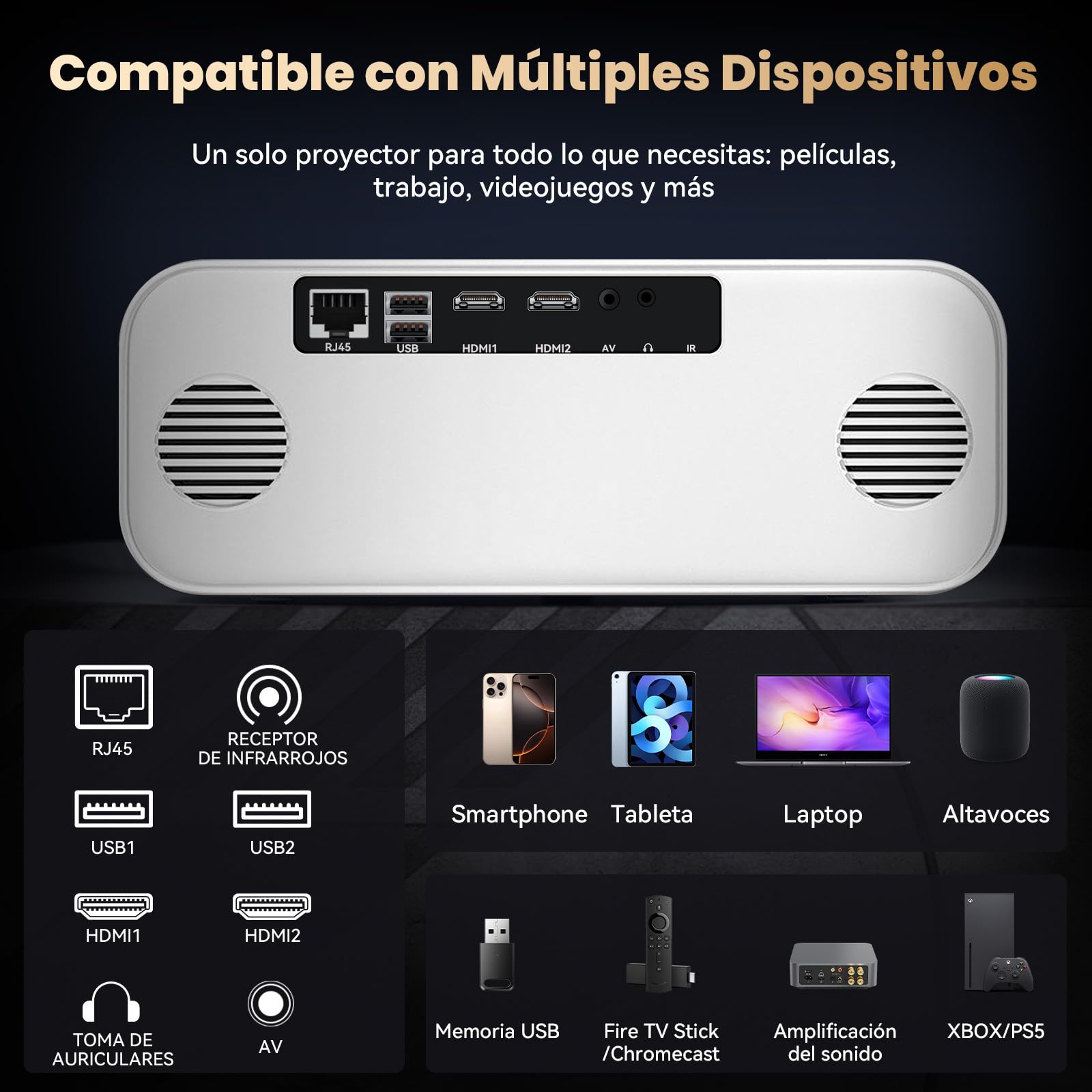 VUEKIME 【Enfoque Automático/1000ANSI】 Proyector 4K Pro Portátil, Android 12.0, Silencioso, 300 Pulgadas, 40000 Lúmenes, Soporte 4K, 2.4/5GHz WiFi 6, Bluetooth 5.2, Compatible con iOS/Android/PC/PS5