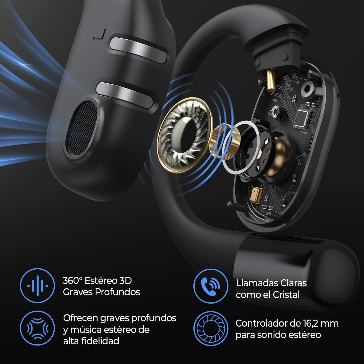 Wattne Audífonos de Oído Abierto Bluetooth 5.4 Open Ear Auriculares Inalámbricos Controladores de 12 mm Micrófono Dual de Ruido ENC Sonido Estéreo 40 Horas