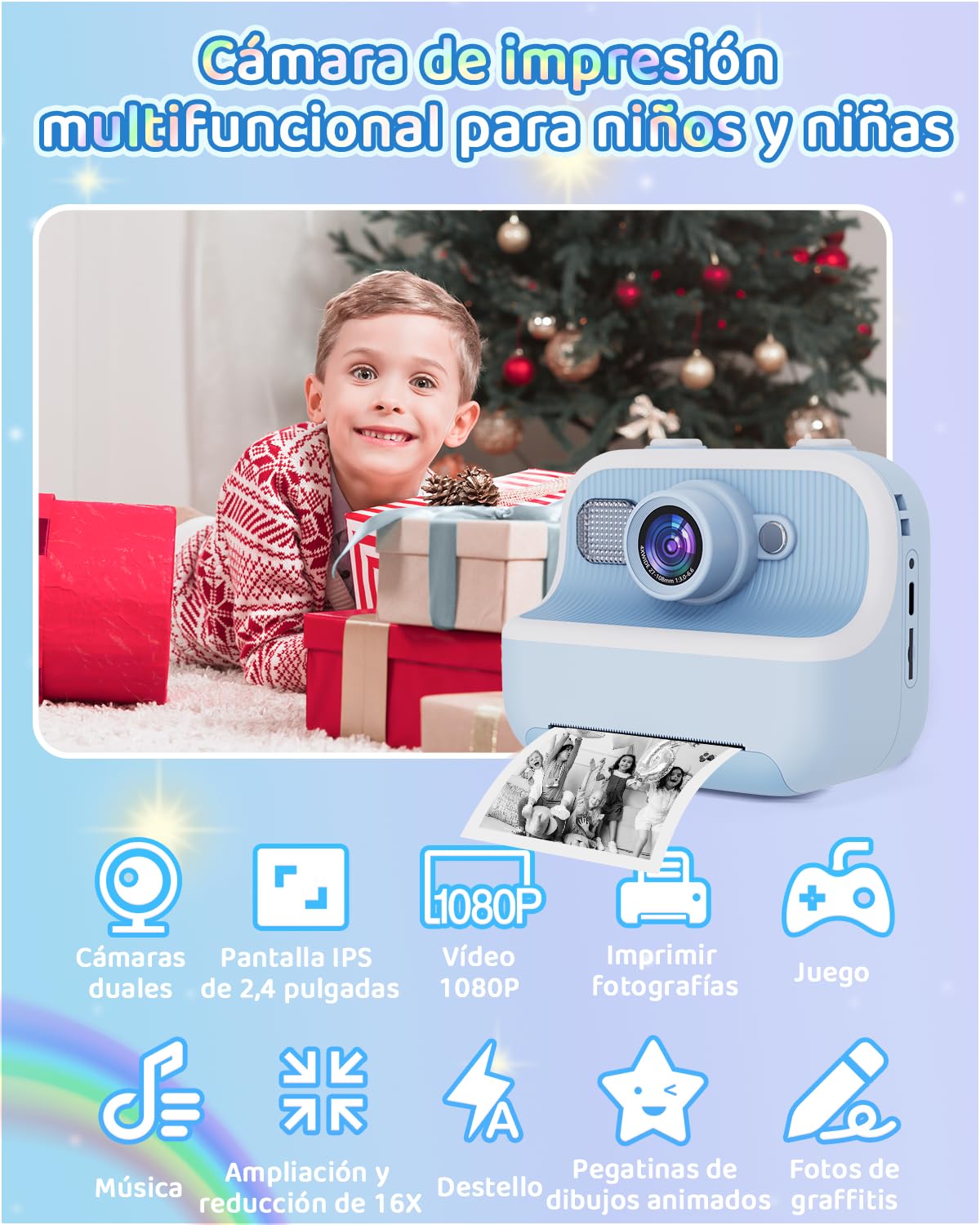 PTHTECHUS®Cámara Infantil, Cámara Instantánea Niños,cámara Digital Selfie y Video,Papel de impresión,Tarjeta SD 32 GB y 1080P impresión instantánea Regalos para niños de 3 a 12 años (Azul)