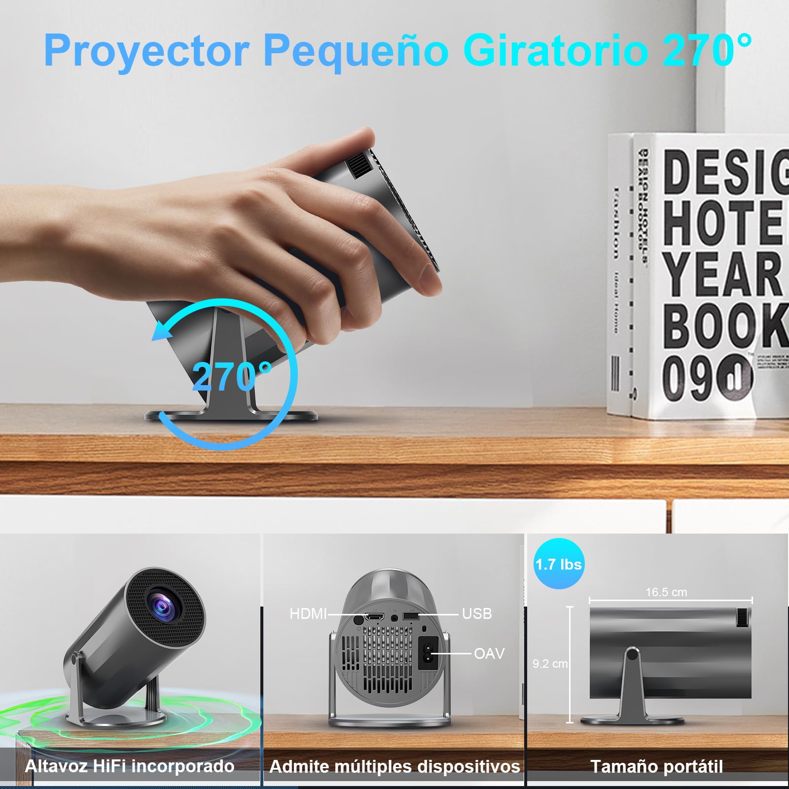 Proyector 4k, Mini Proyector Portatil con Android, Proyectores Inteligente 200 ANSI con WiFi 6 y BT 5.4, Auto Keystone, Pantalla de 200", Giro de 270°, Compatible con HDMI/iOS/Phone/PC/PS【HY300 PRO】