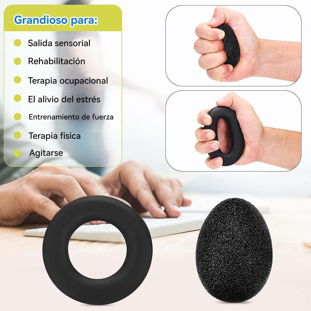 Fortalecedor de Agarre, 5 en 1 Ejercitador de Mano con Fortalecedor de Agarre de Mano,Pelota Antiestrés y Anillo de Entrenamiento de Antebrazo Para la recuperación y el fortalecimiento de las articulaciones de los dedos (Pack de 5)