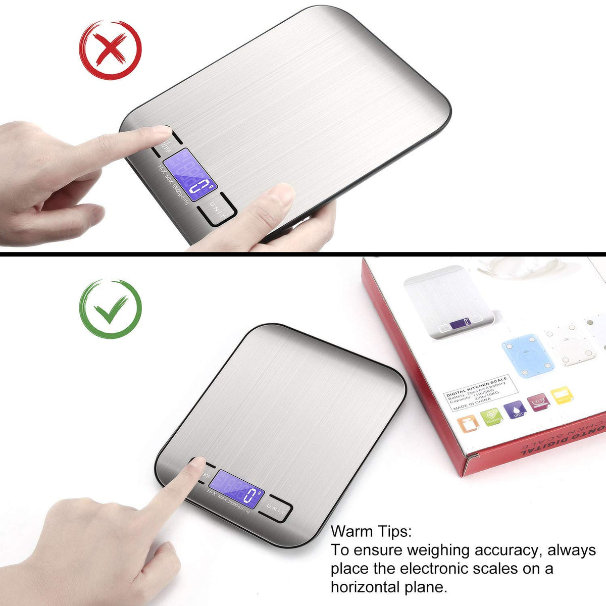 TBONEEY Báscula Cocina Digital USB Recargable, Bascula Precision Cocina 10kg/1g Peso de Cocina Digital, Balanza de Alimentos Acero Inoxidable con Pantalla LCD, Función de Tara (Baterias Incluidas)