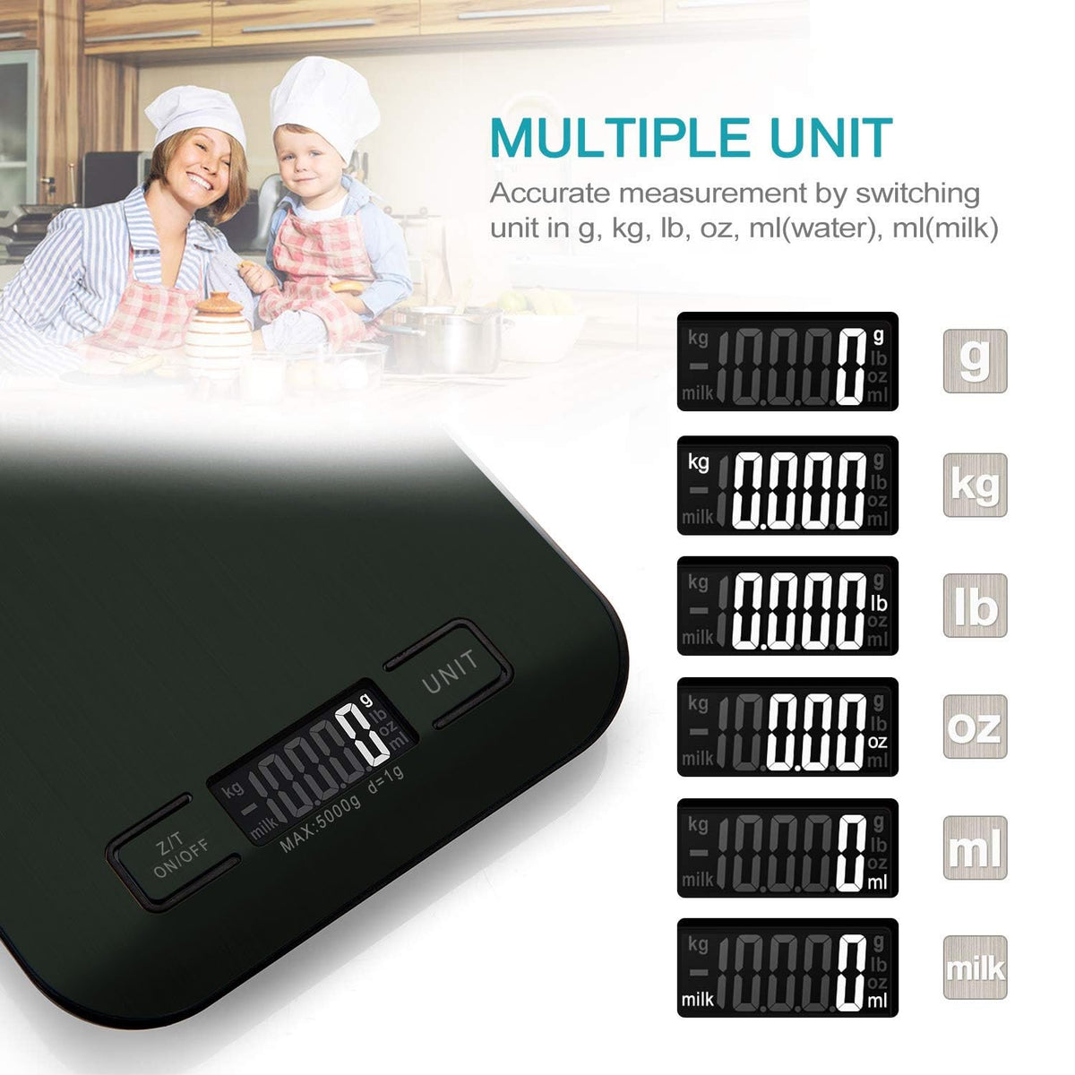 VEKENSEE Bascula de Cocina Digital de Acero Inoxidable, Multifuncional Balanza Cocina de Alta Precision Peso Cocina con Pantalla LCD y Funcion Tara Balanza de Alimentos 2 pilas Incluidas (5kg/g)