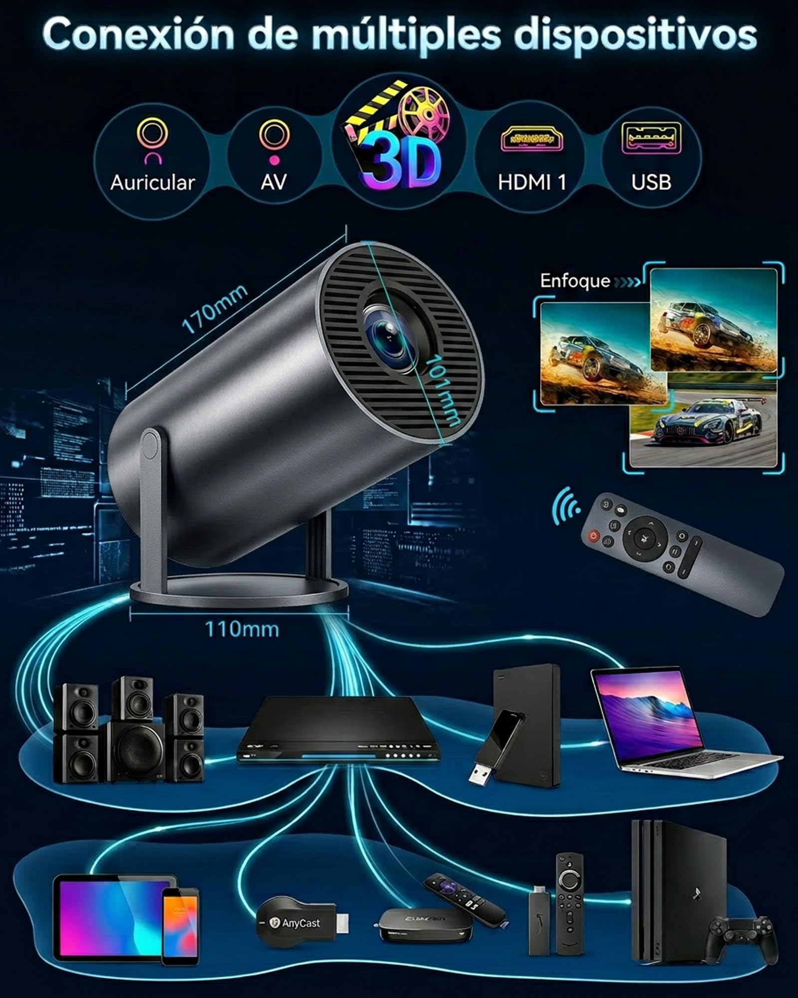 Mini Proyector Portatil 2026,Proyector 4K, Auto Keystone,Pantalla de 150”,250ANSI/10000 lúmenes,WiFi 6 con 2.4/5GHz,Bluetooth 5.4,Giro de 180 Grados,Compatible con iOS/Android/PC/PS4/PS5 (Negro)