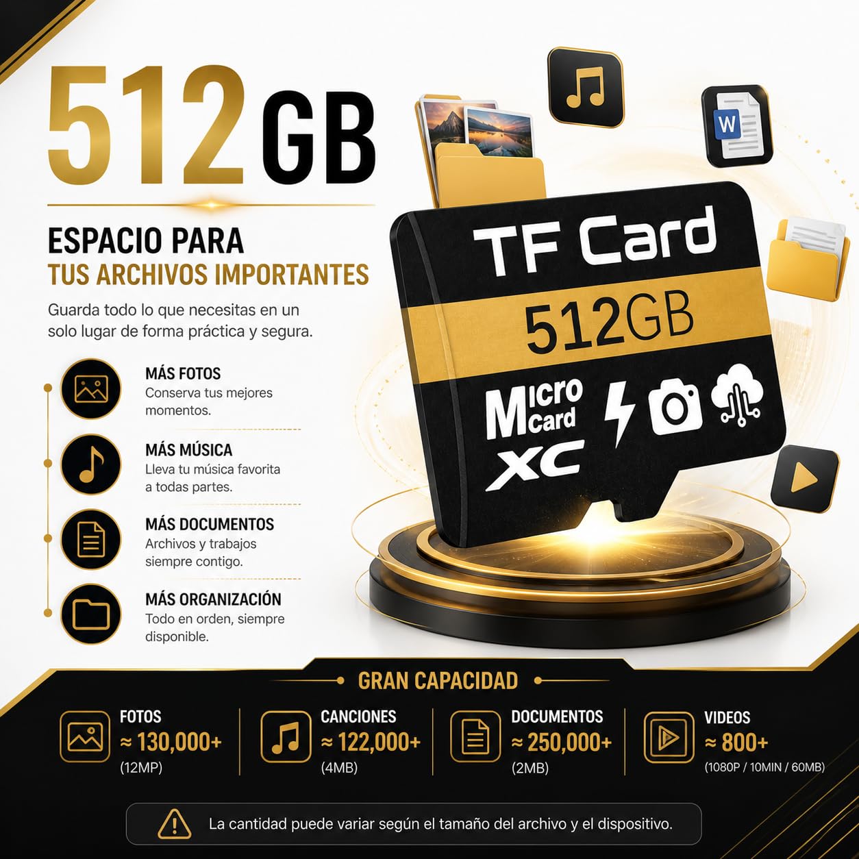 Genérico TF Card 512GB, Almacenamiento Básico para Fotos, Música y Documentos, Compatible con Celulares Android y Tablets