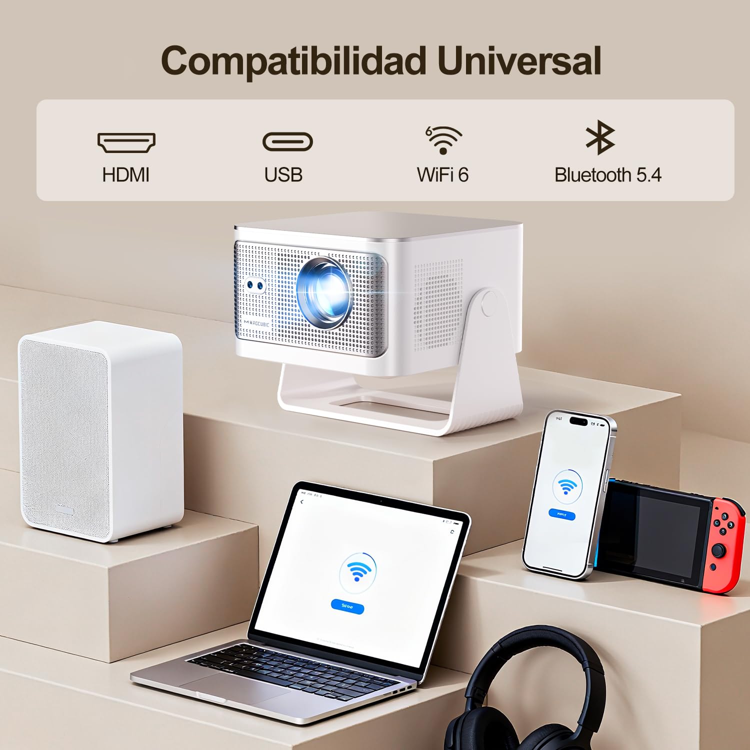 [App Integrada] Mini Proyector 4K & 8K Soporte 1080P Nativo, Proyector Portátil con Android 14 WiFi 6 BT 5.4, 600ANSI, Enfoque Automático, 6D Corrección Automática de Trapecio, Rotación 180°, HY350MAX