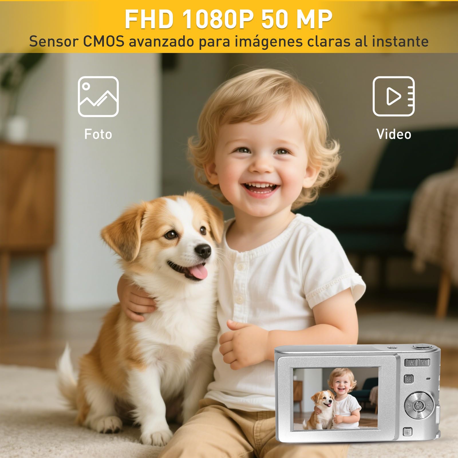HEILUON Camara Fotografica Digital para Niños FHD 1080P 50MP con Tarjeta 64GB, Zoom 16X, Anti-Shake, Disparo Continuo – Camara Digital Digicam Regalo para Niños y Niñas (Plata)