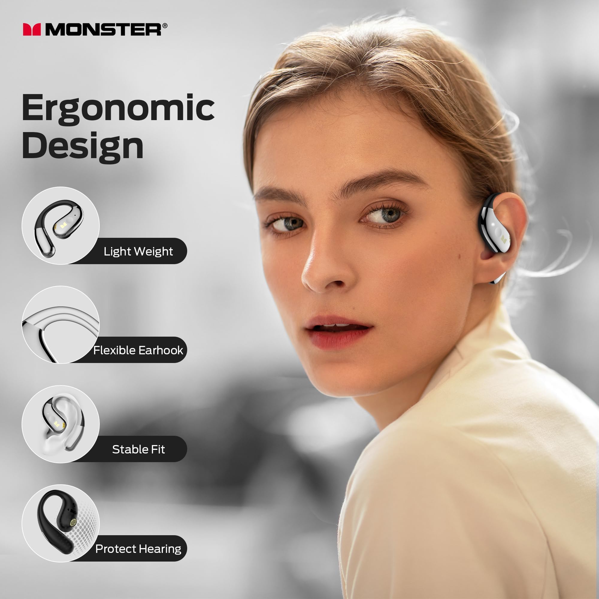 Monster Open Ear AC360 Audífonos, Auriculares Bluetooth Rotativos con Cordón, Bluetooth 6.0 Mejorado, Ultra Cómodos, Llamada Clara, Control Táctil, 24h de Reproducción, Resistente al Agua IPX5, Negro