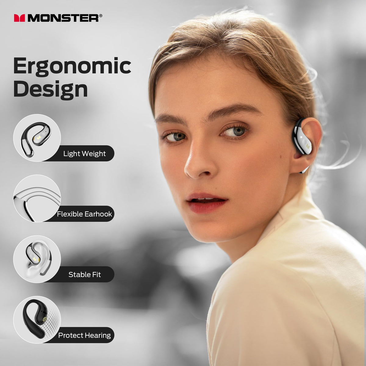 Monster Open Ear AC360 Audífonos, Auriculares Bluetooth Rotativos con Cordón, Bluetooth 6.0 Mejorado, Ultra Cómodos, Llamada Clara, Control Táctil, 24h de Reproducción, Resistente al Agua IPX5, Negro