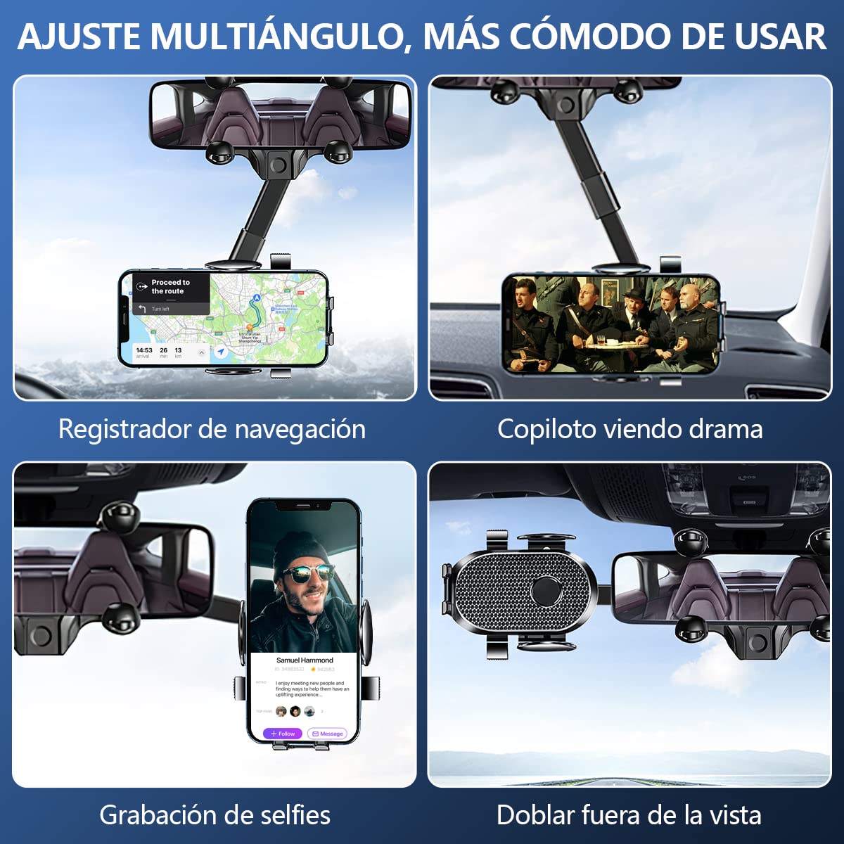 LONGLIV Soporte Celular Auto, Soporte de Teléfono Giratorio y Retráctil de 360°, Multipropó Sito, se Puede Utilizar en los Espejos Retrovisores del Coche, Compatible con iPhone, Xiaomi, Redmi, Huawei