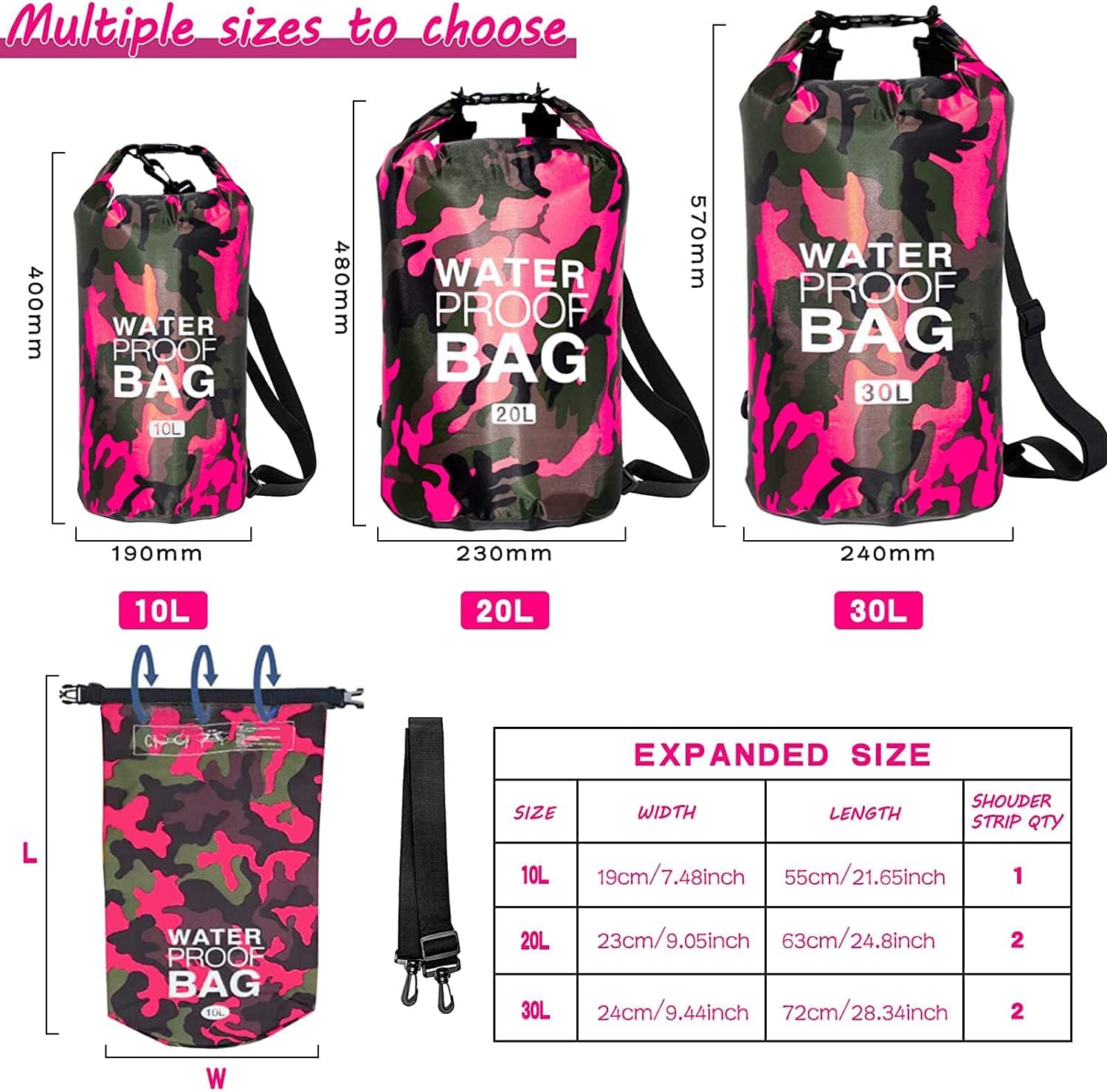 Bolsa Impermeable,Dry Bag 10l 20l 30l con Correa de Hombro Ajustable,Bolsa Estanca Impermeable para Kayak,Rafting,Natación, mochila impermeable para senderismo y deportes acuáticos. (Rosa roja, 10L)