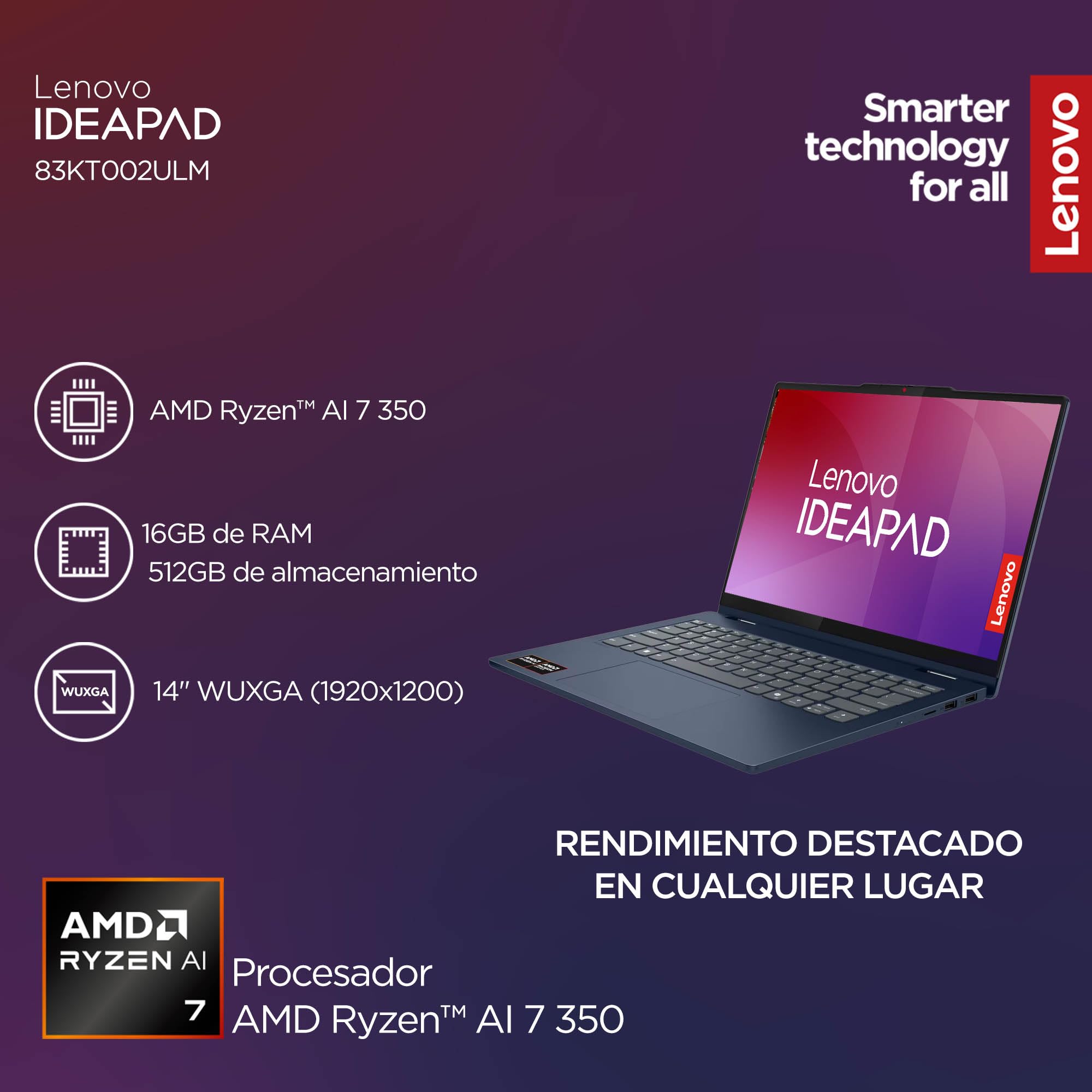 Laptop Lenovo Ideapad 2en1 14AKP10 | 14" WUXGA Touch | AMD Ryzen AI 7 350 | 16 GB RAM 512 GB SSD | PC con IA | Incluye Lapiz Digital