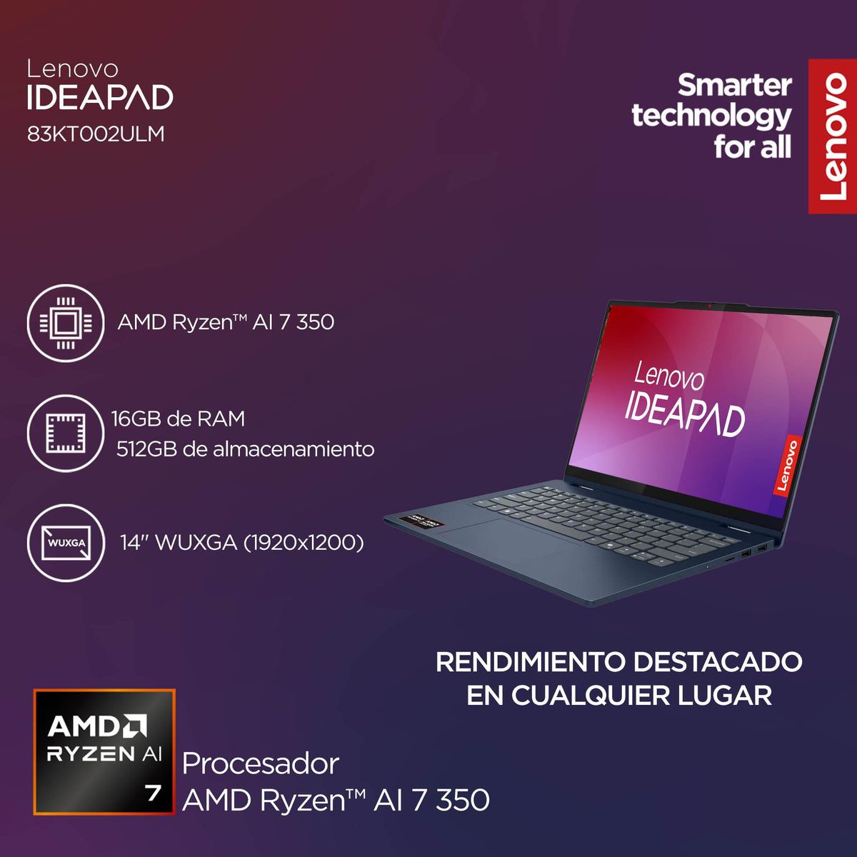 Laptop Lenovo Ideapad 2en1 14AKP10 | 14" WUXGA Touch | AMD Ryzen AI 7 350 | 16 GB RAM 512 GB SSD | PC con IA | Incluye Lapiz Digital