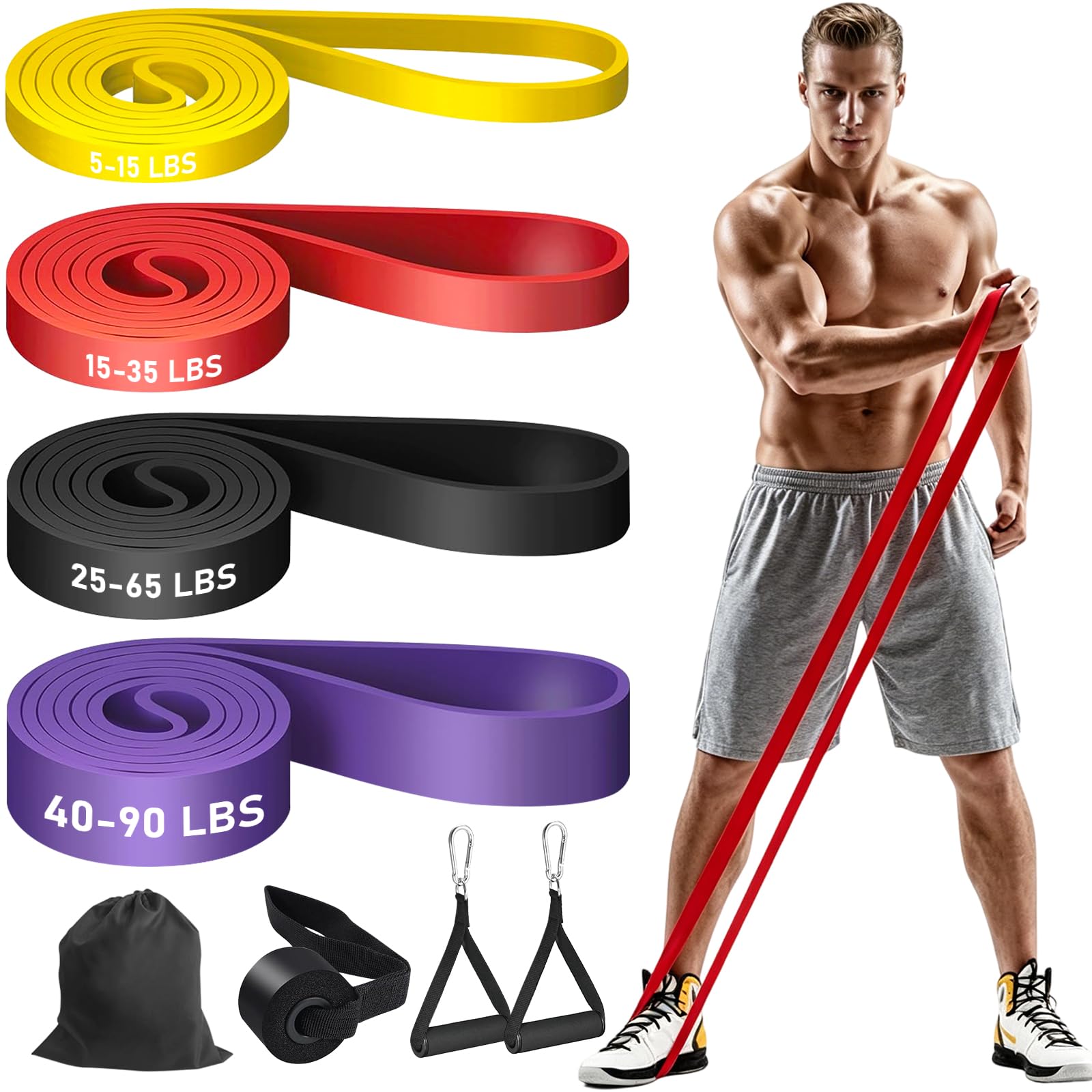 4 Pack Bandas de Resistencia para Ejercicio,Bandas de Resistencia con 2 Asas, Anclaje para Puerta, Gancho y Bolsa,Bandas Elásticas para Hombres y Mujeres para Ejercicio, Fitness, Entrenamiento, etc