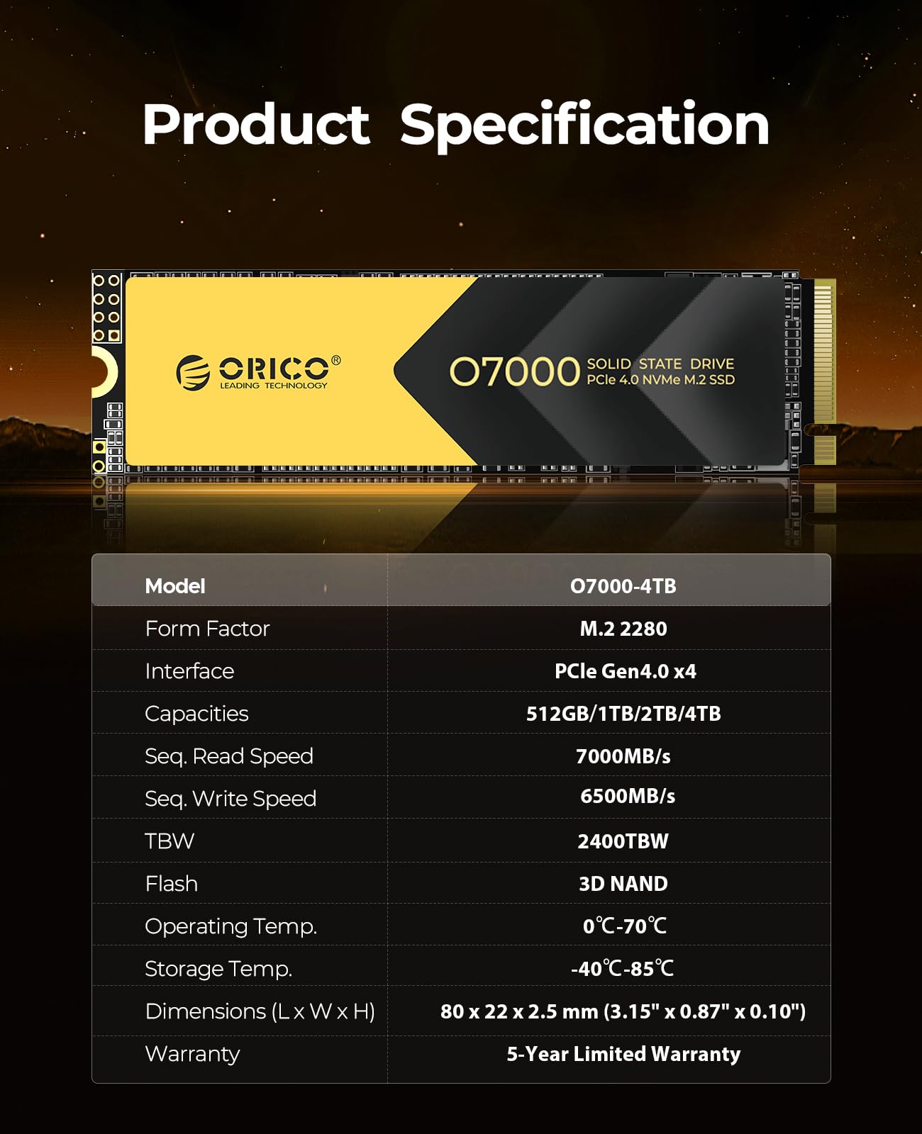 ORICO Unidad de estado sólido interna SSD NVMe PCIe 4.0 - hasta 7000 MB/s, SSD M.2 2280 PCIe 4.0x4, alta disipación de calor, compatible con macOS y Windows para gamers y creadores - O7000 (4TB)