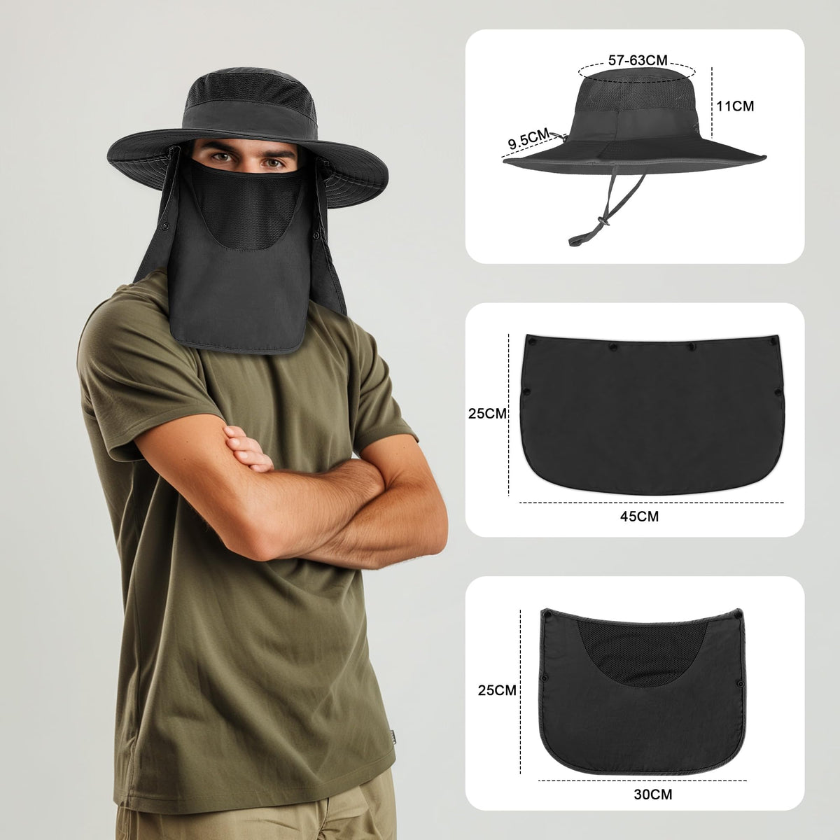 Sombrero de Pesca Protección UV, UPF50+ Sombrero para el Sol para Hombre y Mujer, Gorro Pescador con Cortinas para Cara y Cuello, Plegable y Impermeable, para Senderismo Camping Playa Jardín,Unisex