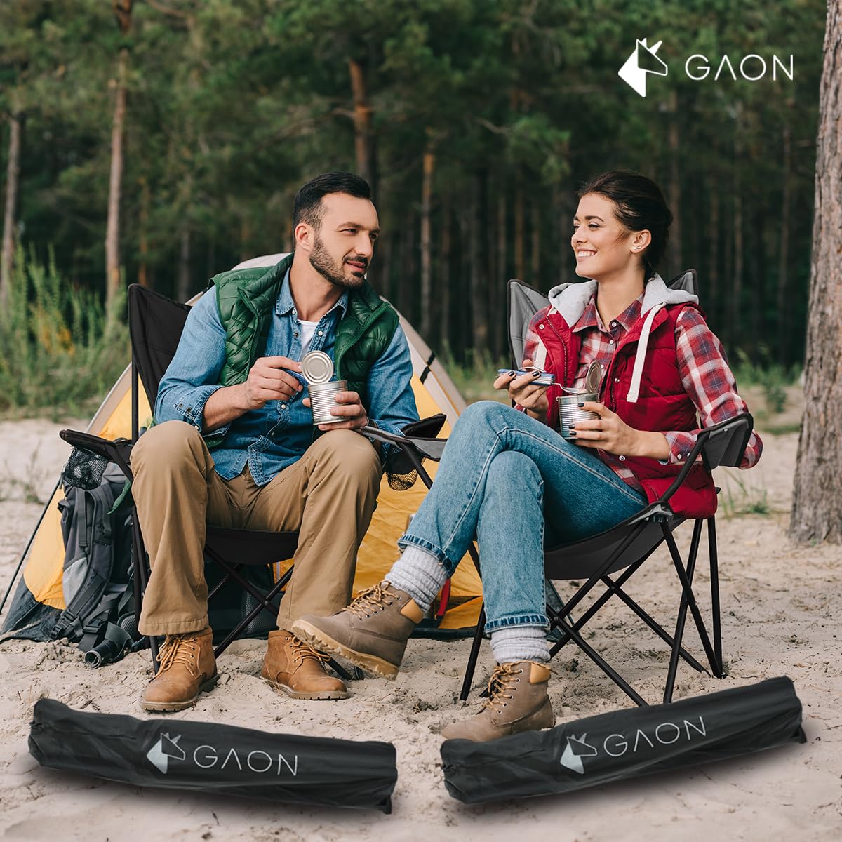 GAON. Sillas Plegables para Camping Playa o Pesca de Lona Impermeable con Reposabrazos Portavasos y Funda - Sillas Ultraligeras para Exteriores y Actividades al Aire Libre Set 4 Piezas Negro