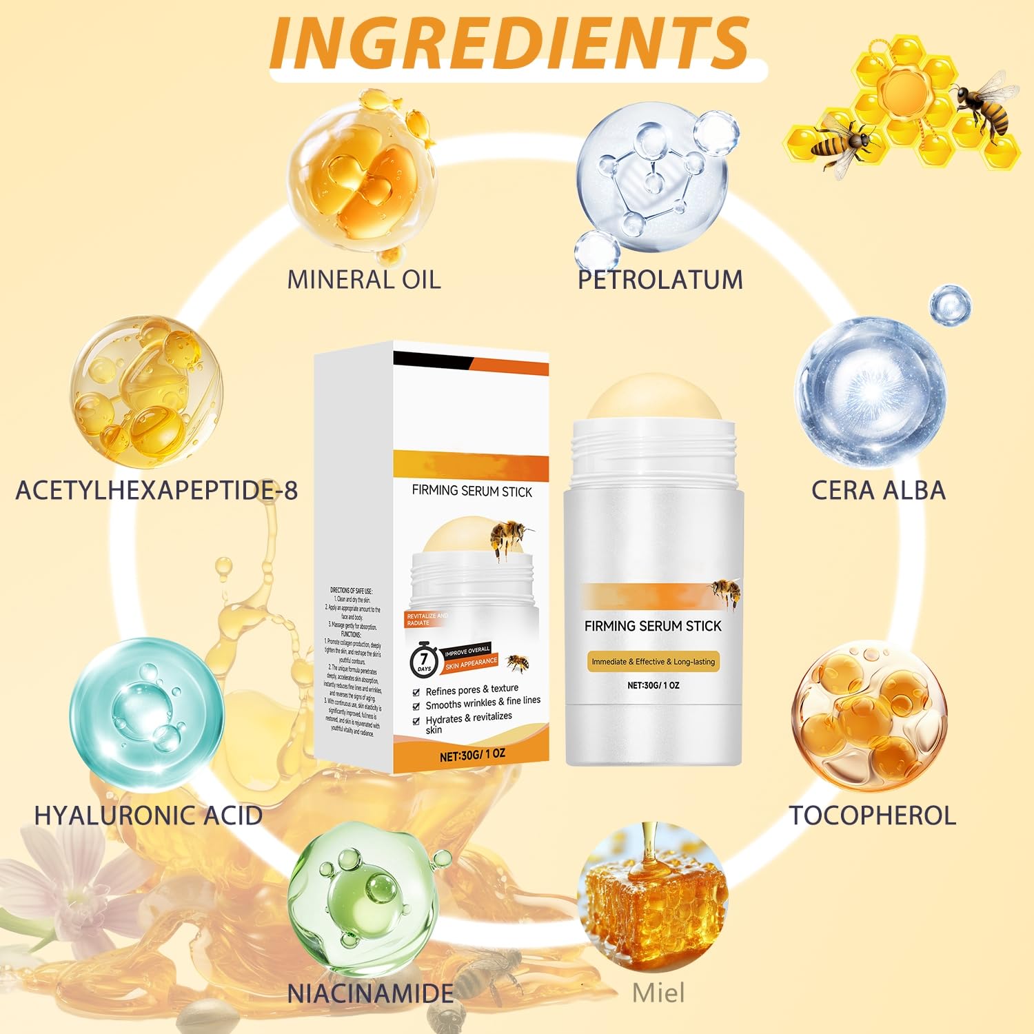 SINYI 2PCS Bee Firming Stick Serum，Suero Reafirmante En Barra, Crema Reafirmante Y Antiarrugas Avanzada, Hidratante , Levanta, Rellena Y Reafirma La Piel, Reduce Las Arrugas Y Las Líneas Finas, Restaura La Elasticidad De La Piel, Suero En Barra, Adecuado