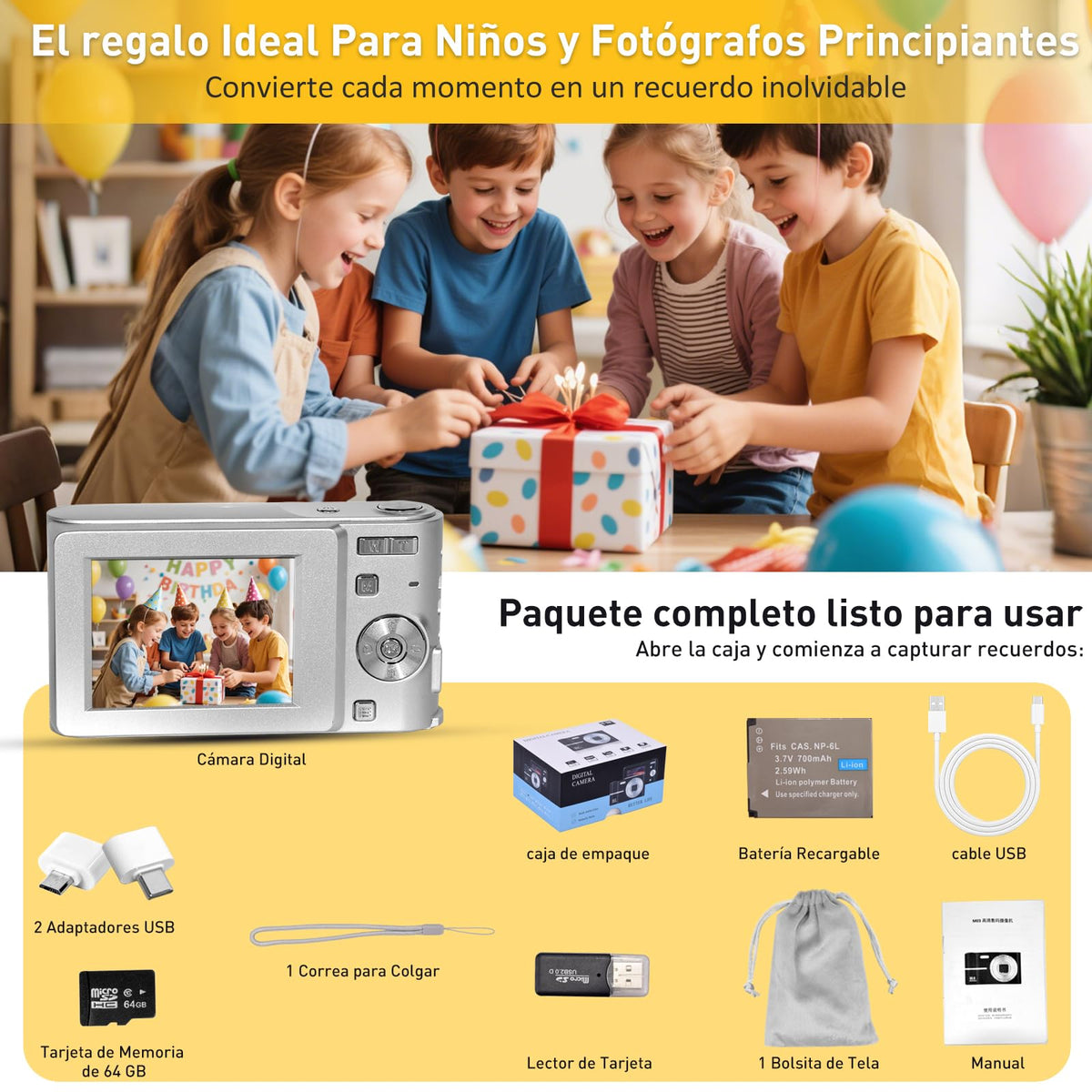 HEILUON Camara Fotografica Digital para Niños FHD 1080P 50MP con Tarjeta 64GB, Zoom 16X, Anti-Shake, Disparo Continuo – Camara Digital Digicam Regalo para Niños y Niñas (Plata)