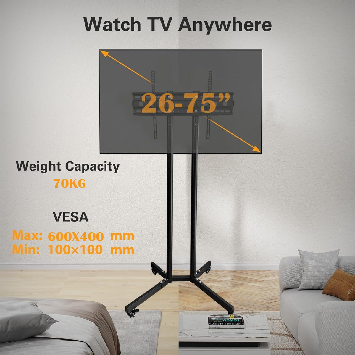 TBONEEY Soporte TV Ruedas para Television de 26 a 75 Pulgadas Ajustable en Altura, Soporte Móvil de Suelo Pie para Pantallas LCD LED, con VESA Máx. 600x400mm, hasta 70kg (Negro)