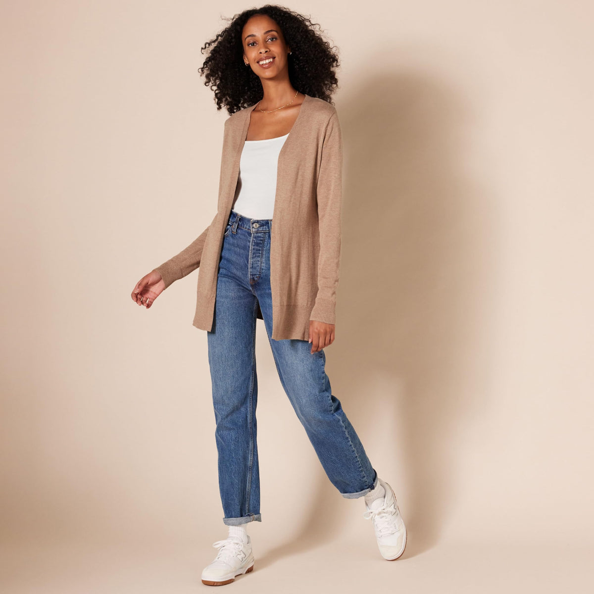 Amazon Essentials - Cárdigan ligero con frente abierto para mujer (disponible en tallas grandes), color camel jaspeado, talla M