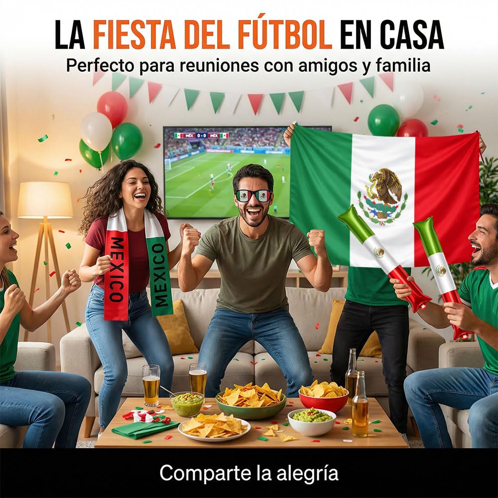Kit Fan México 12PCS – Set de Fiesta Fútbol con Banderas, Bocina, Gafas, Pintura Facial y Pulseras, para Mundial 2026, Partidos de la Selección, Clásicos, Bares y Reuniones Familiares